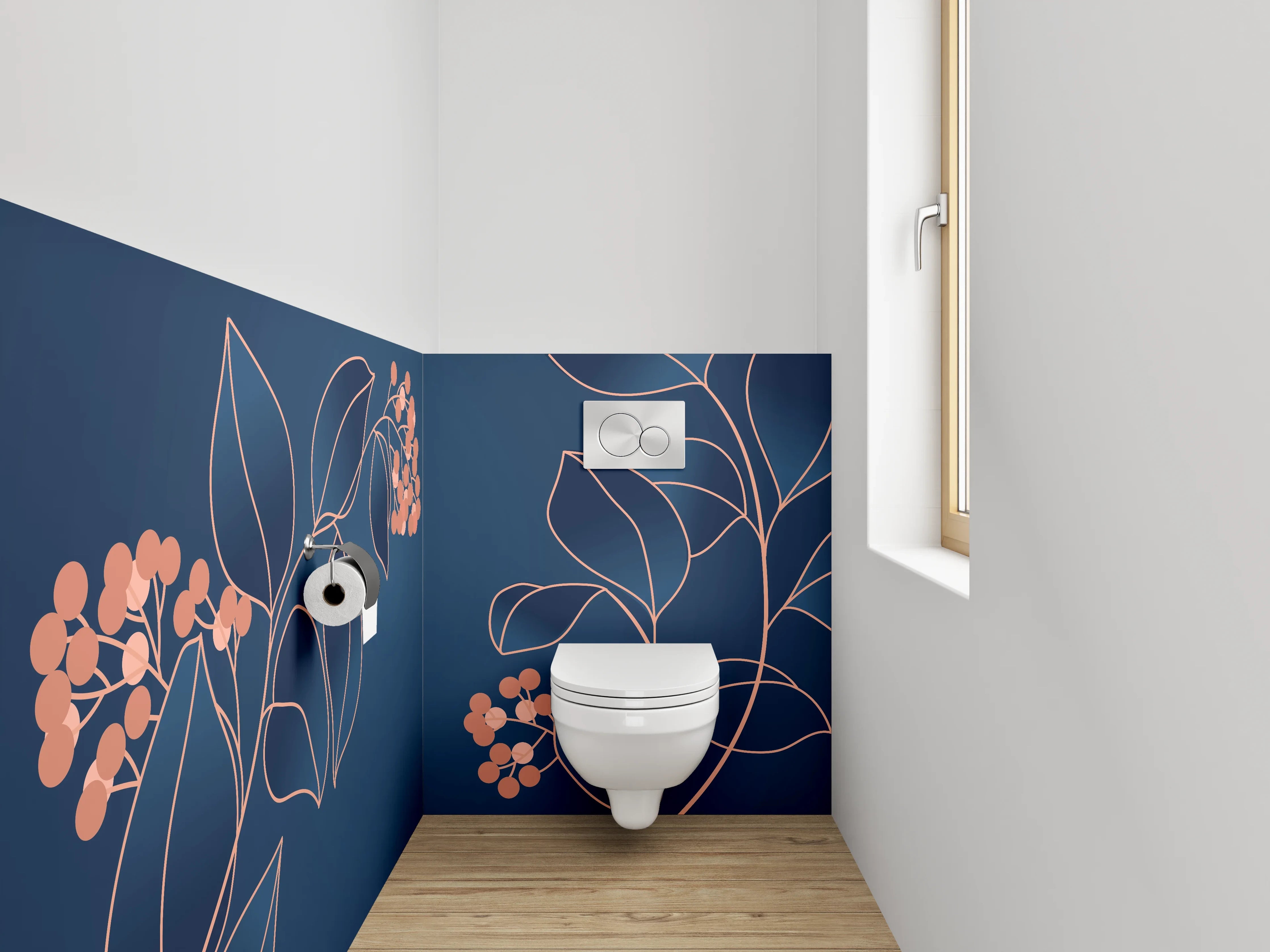 WC-Rückwand - Elegante florale Lineart auf Dunkelblau
