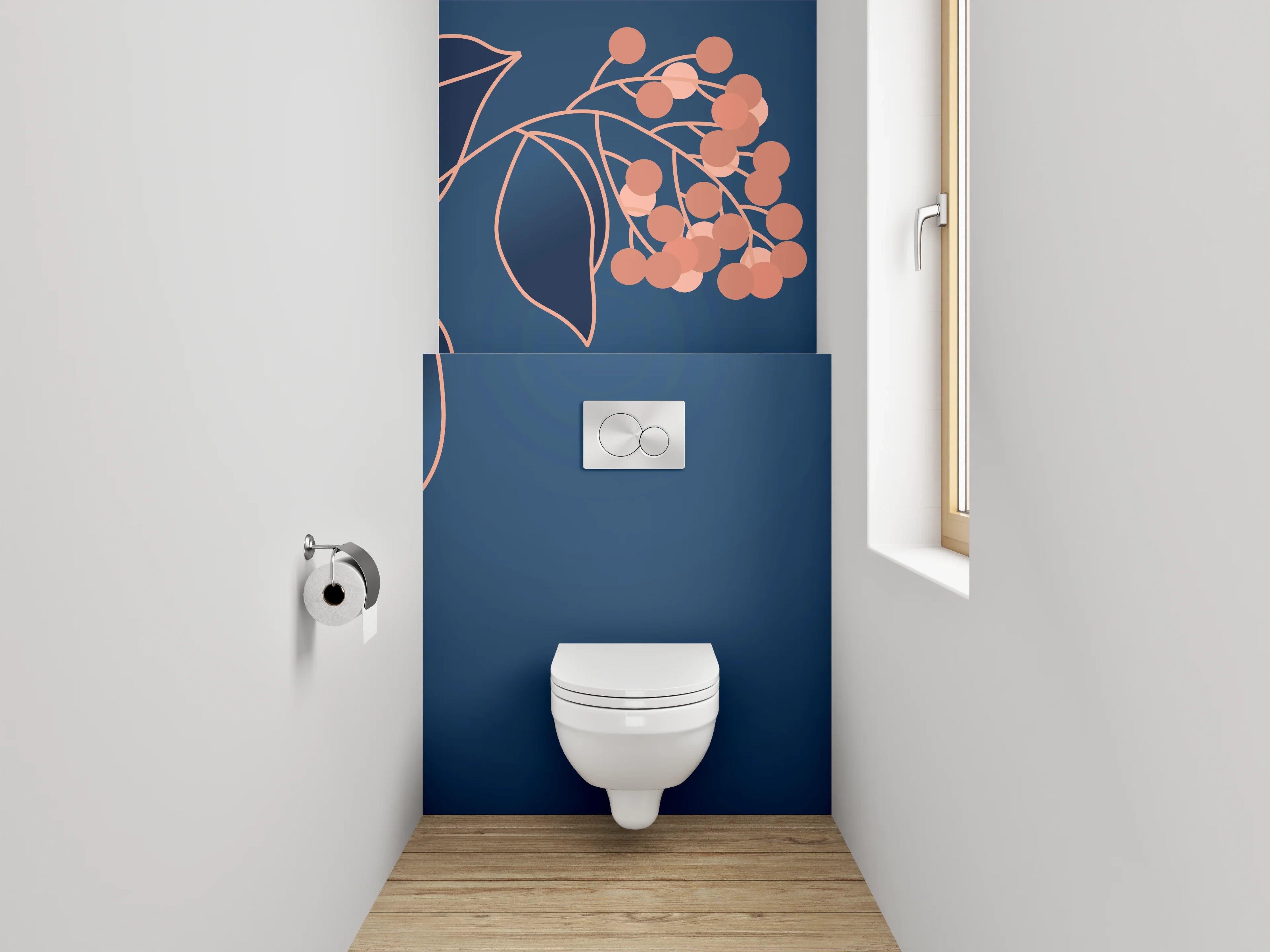 WC-Rückwand - Elegante florale Lineart auf Dunkelblau
