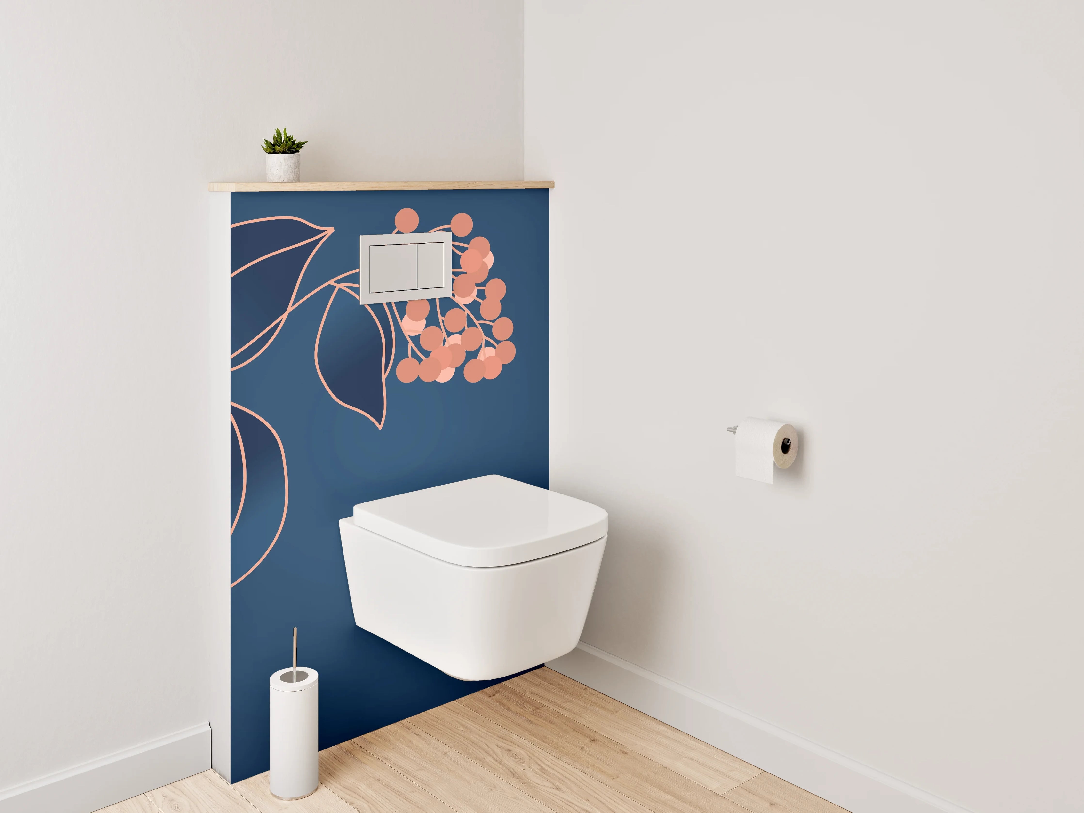 WC-Rückwand - Elegante florale Lineart auf Dunkelblau