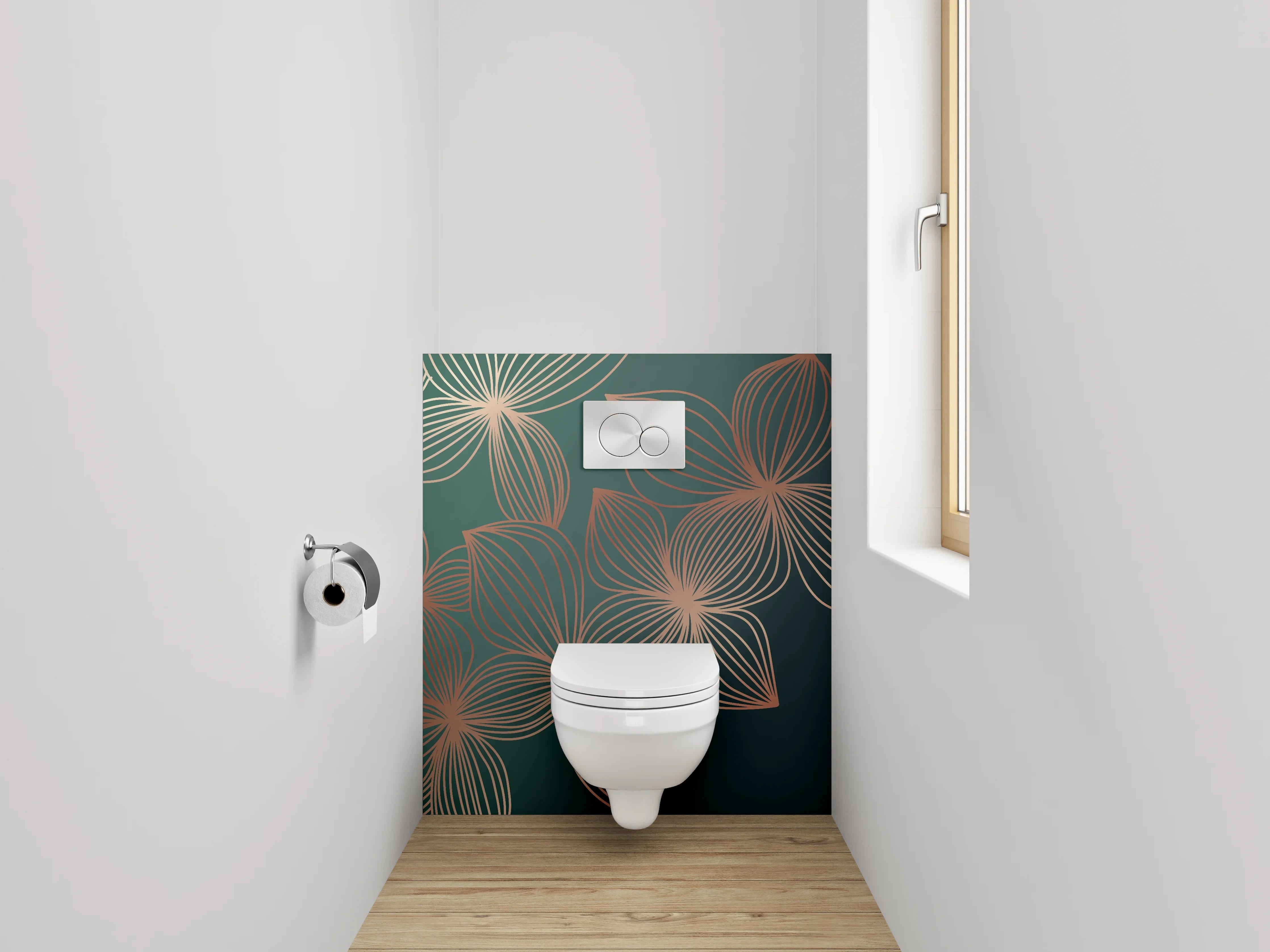 WC-Rückwand - Elegante florale Lineart in Goldgrün