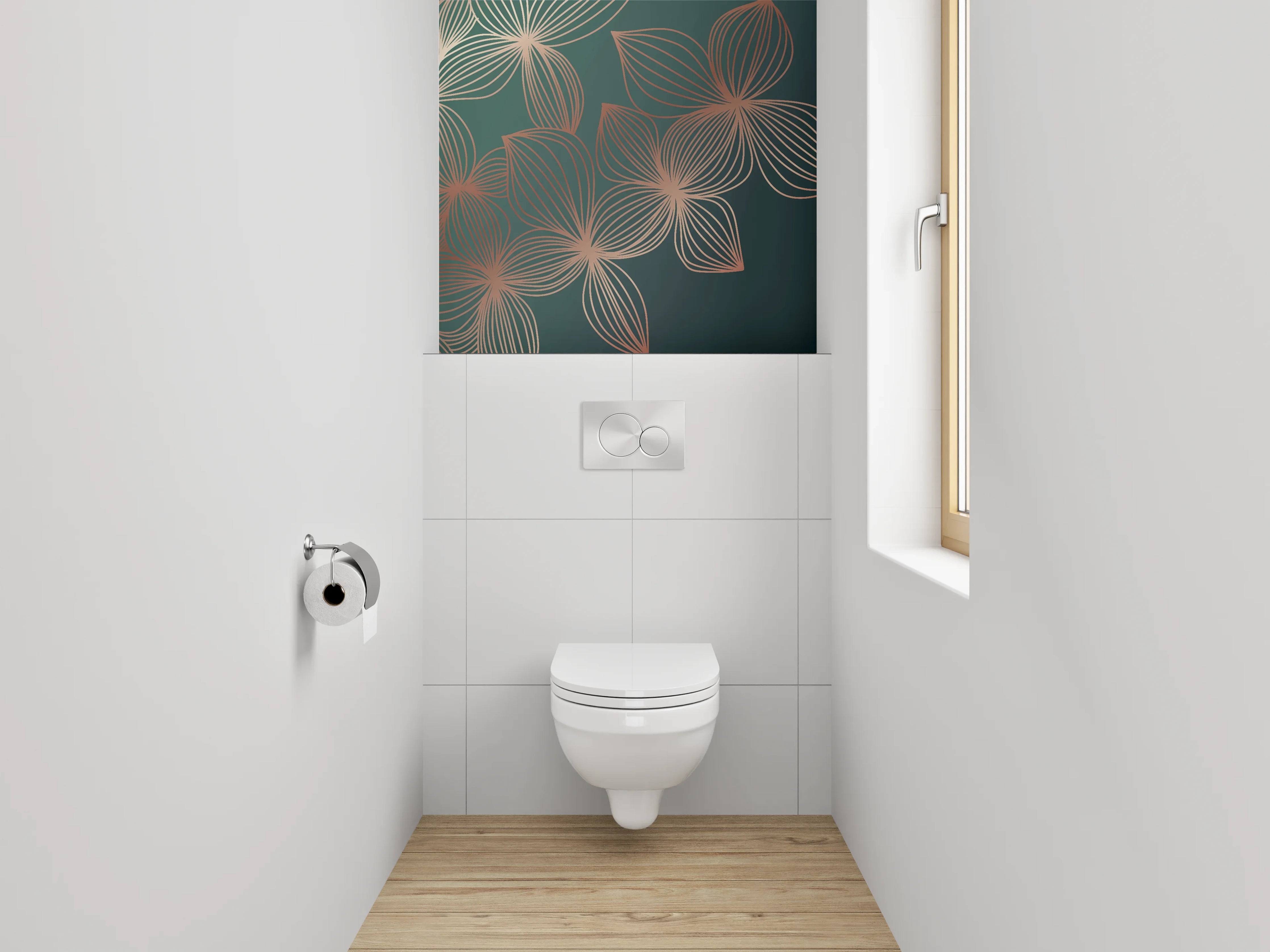 WC-Rückwand - Elegante florale Lineart in Goldgrün