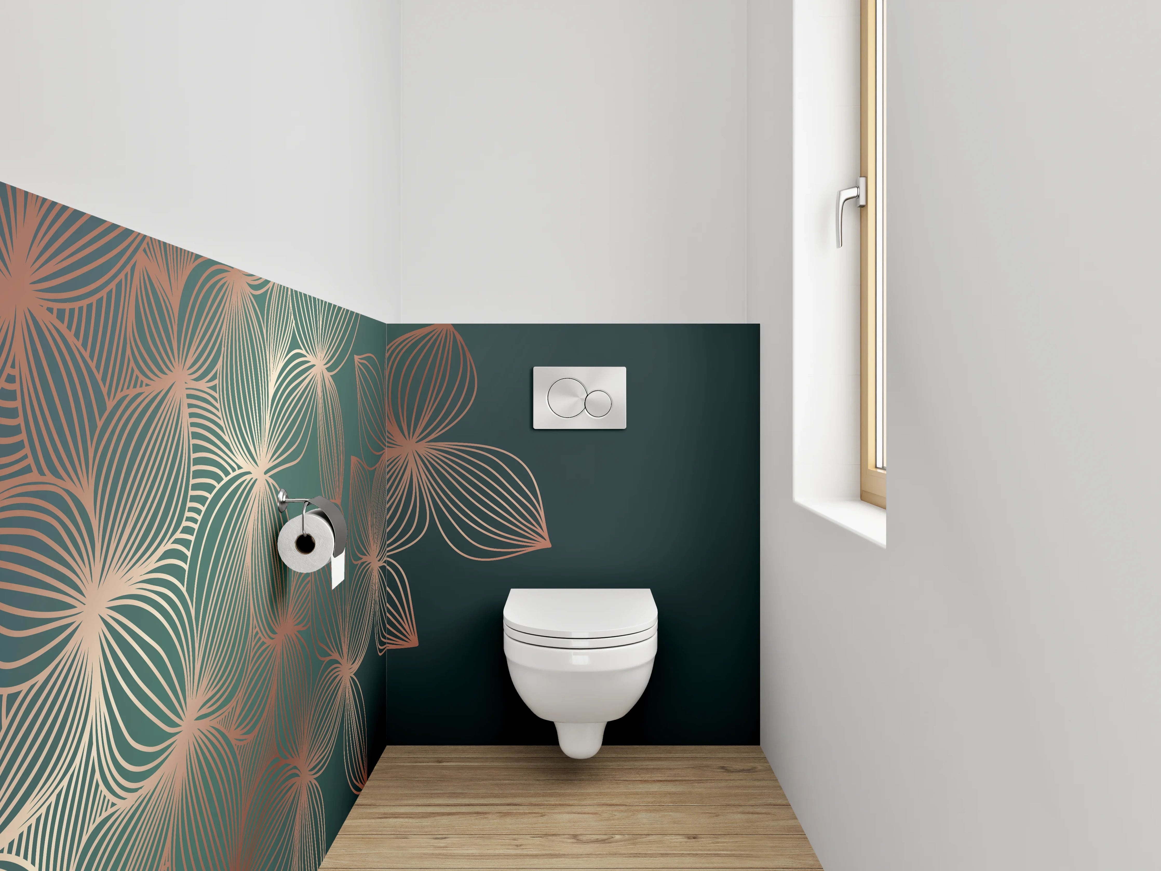 WC-Rückwand - Elegante florale Lineart in Goldgrün