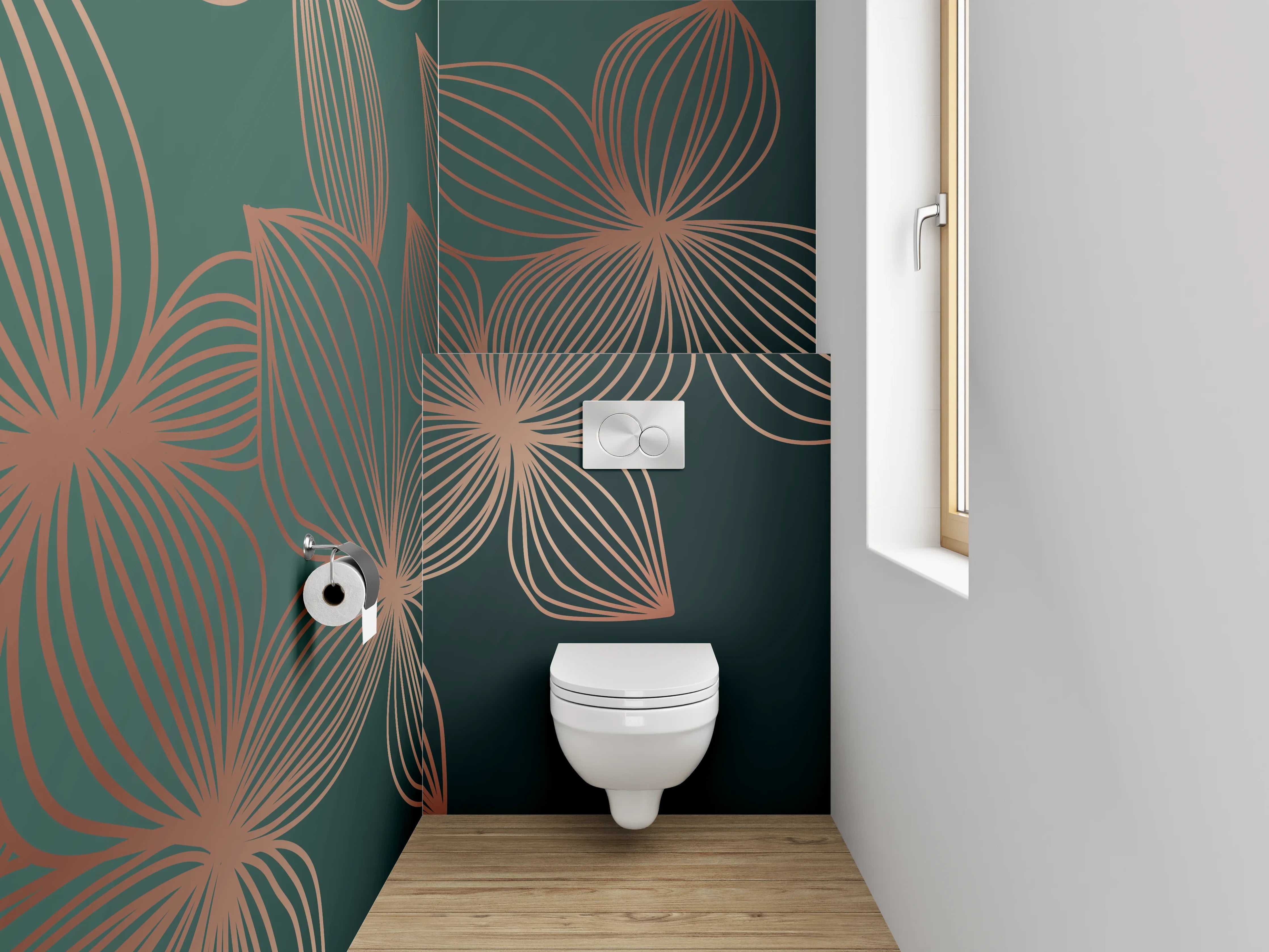 WC-Rückwand - Elegante florale Lineart in Goldgrün