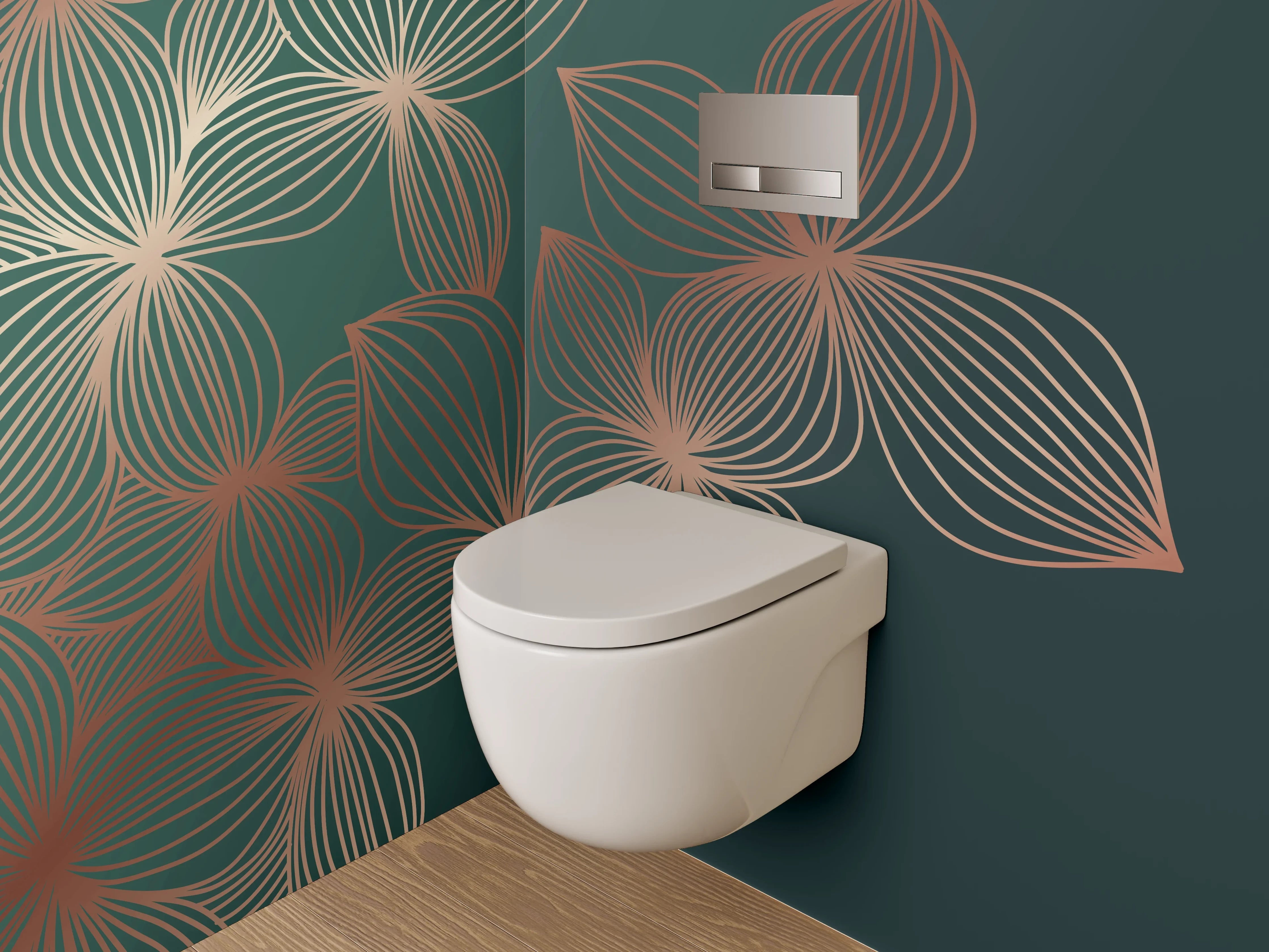 WC-Rückwand - Elegante florale Lineart in Goldgrün