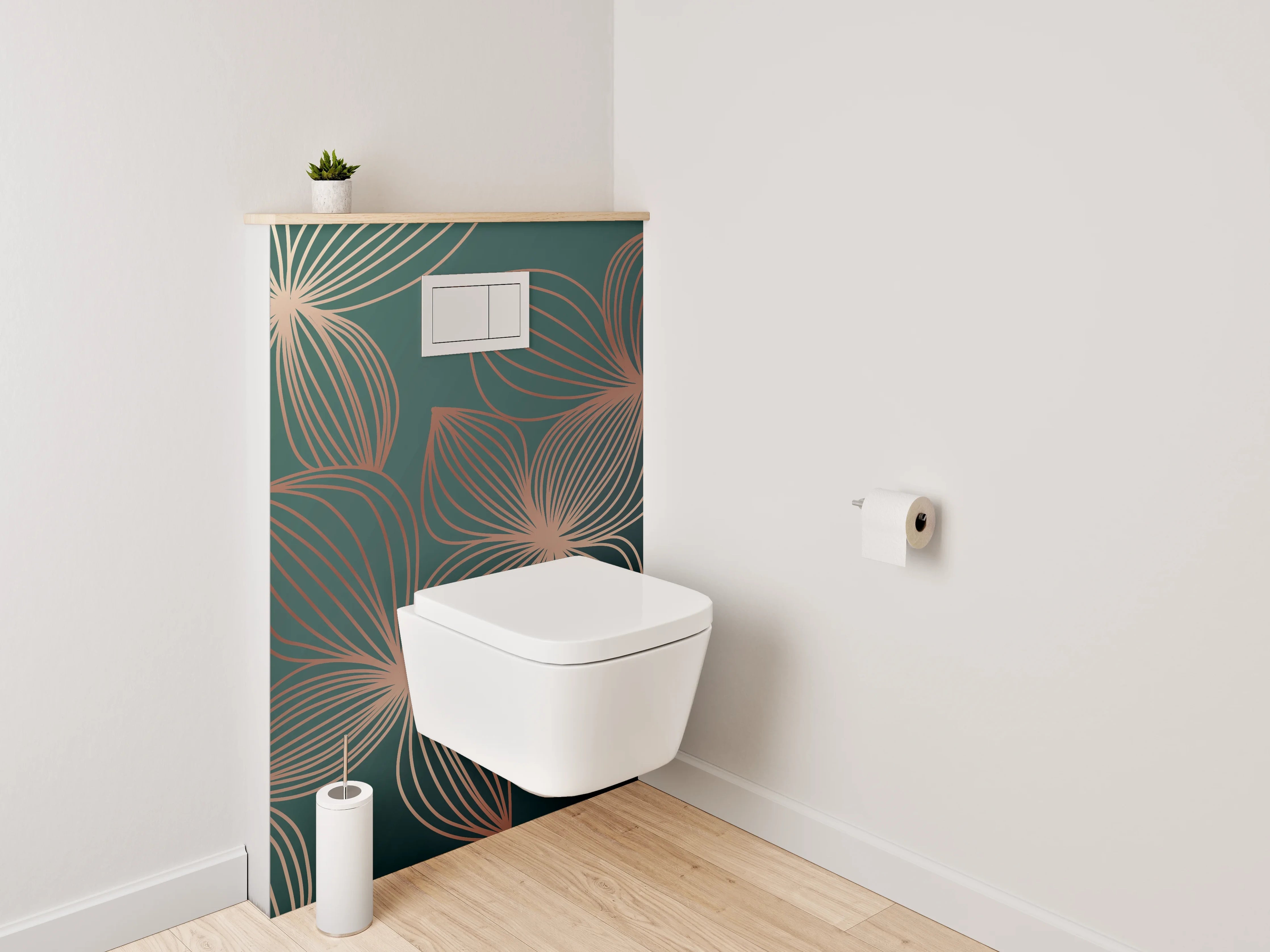 WC-Rückwand - Elegante florale Lineart in Goldgrün