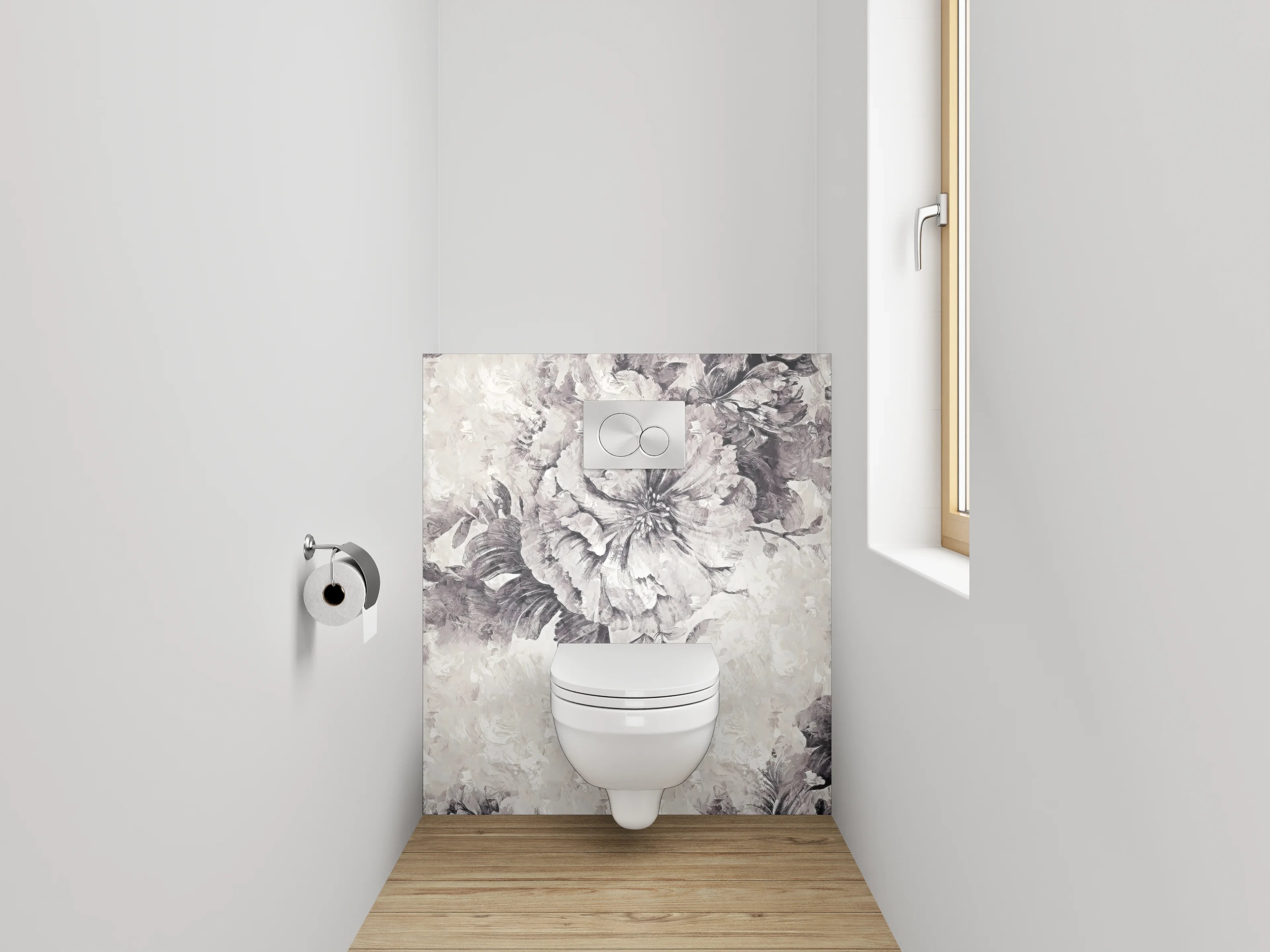 WC-Rückwand - Elegante florale Schwarz-Weiß-Komposition