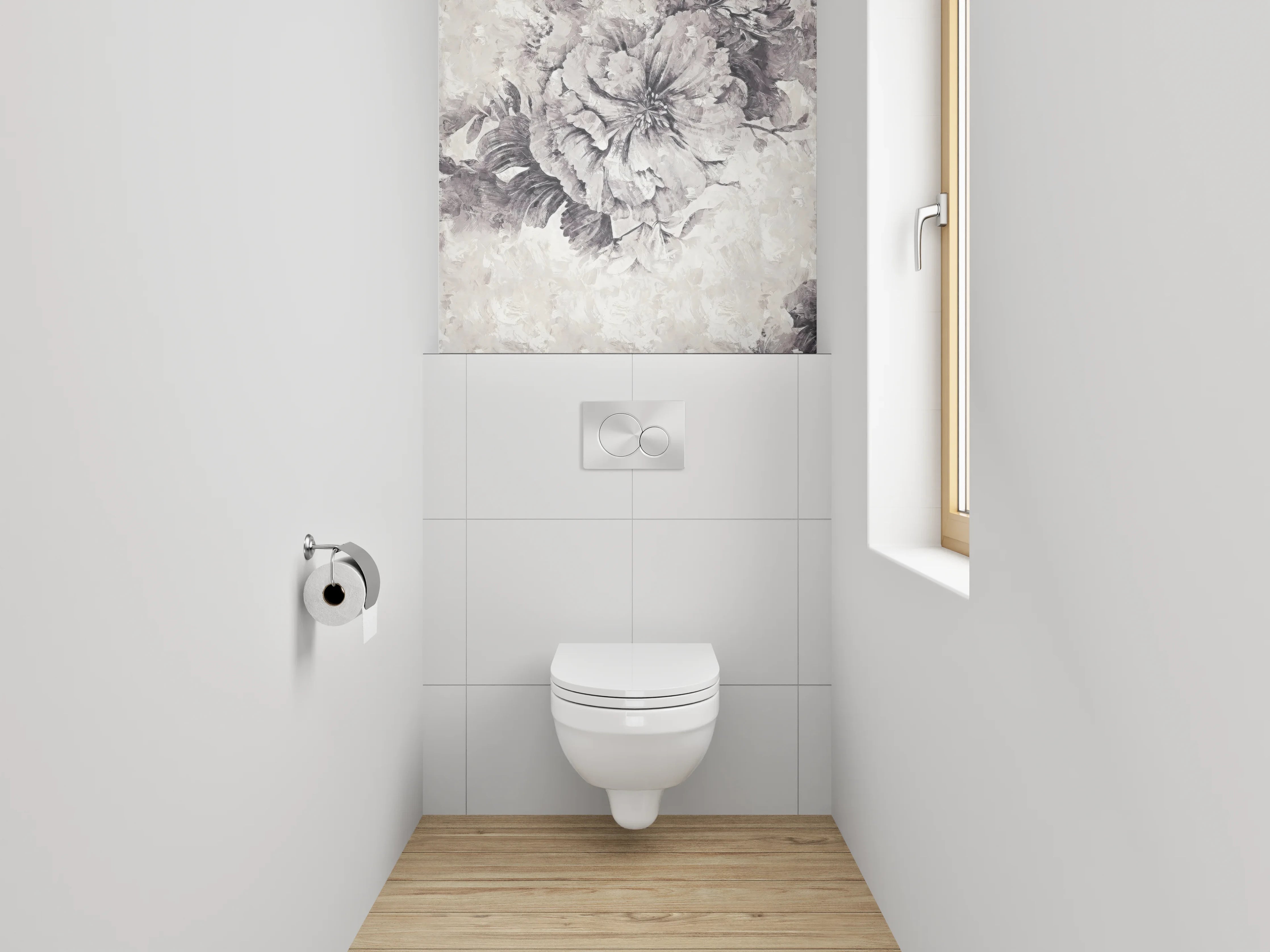 WC-Rückwand - Elegante florale Schwarz-Weiß-Komposition