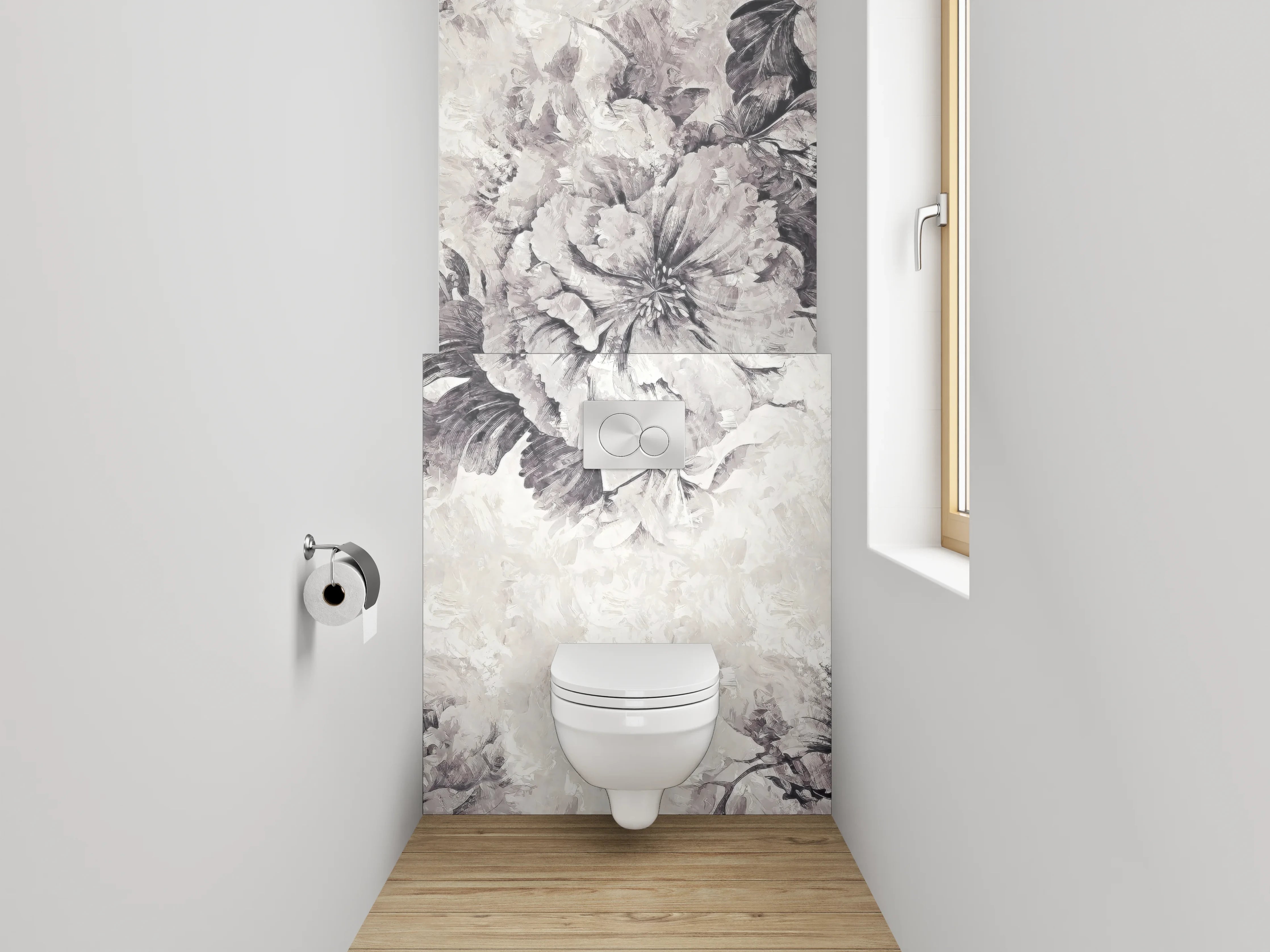 WC-Rückwand - Elegante florale Schwarz-Weiß-Komposition