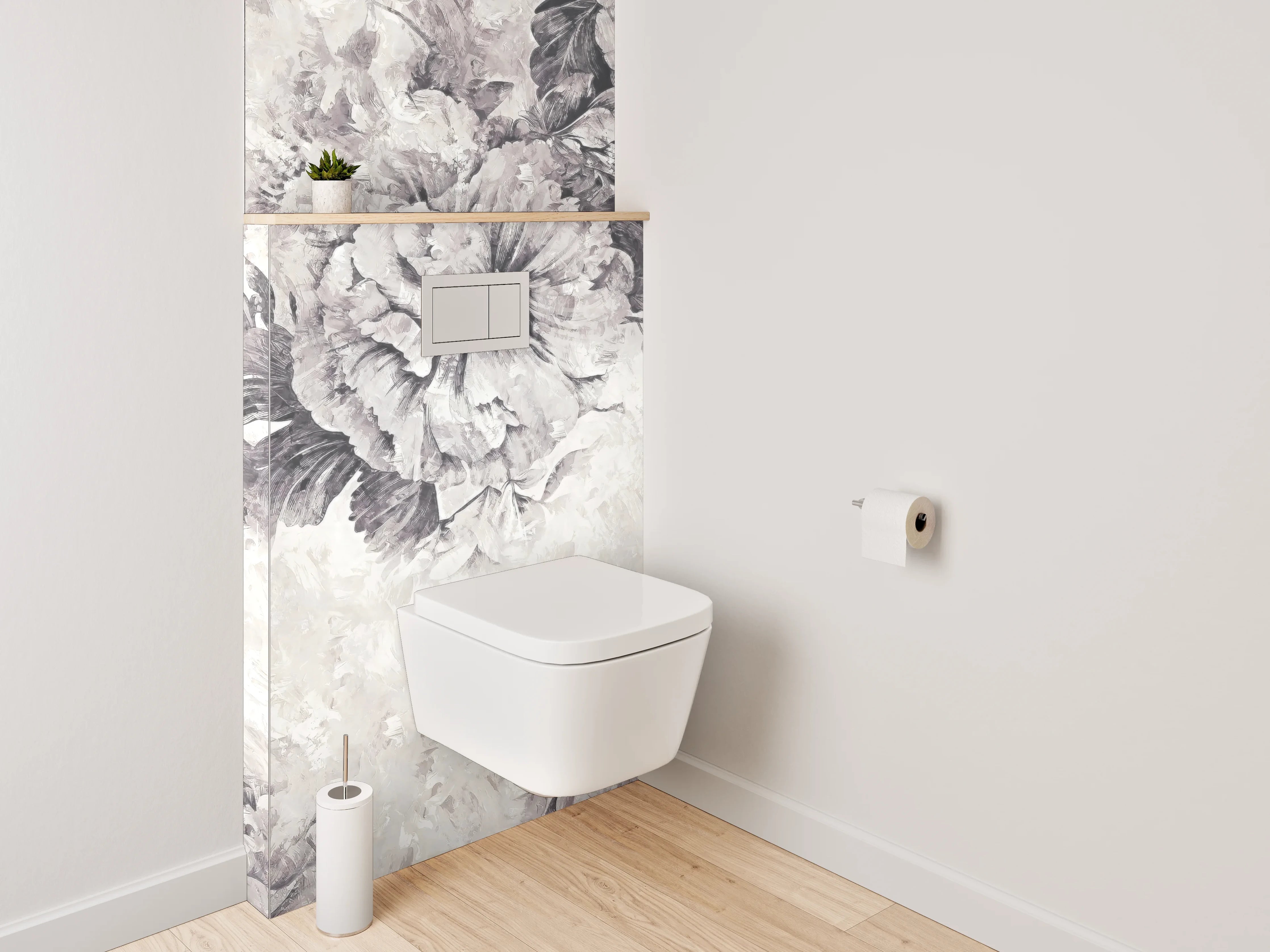 WC-Rückwand - Elegante florale Schwarz-Weiß-Komposition