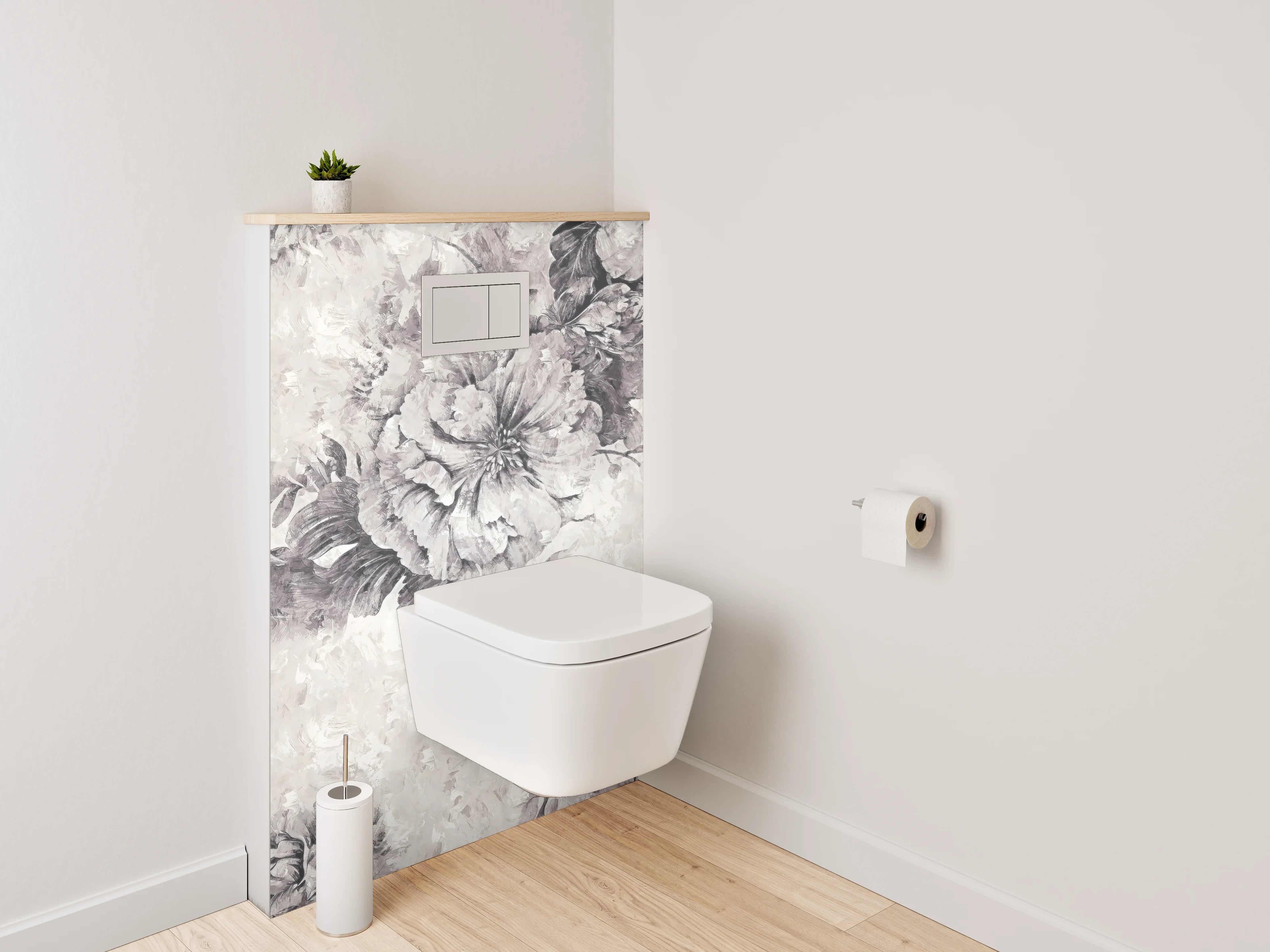 WC-Rückwand - Elegante florale Schwarz-Weiß-Komposition