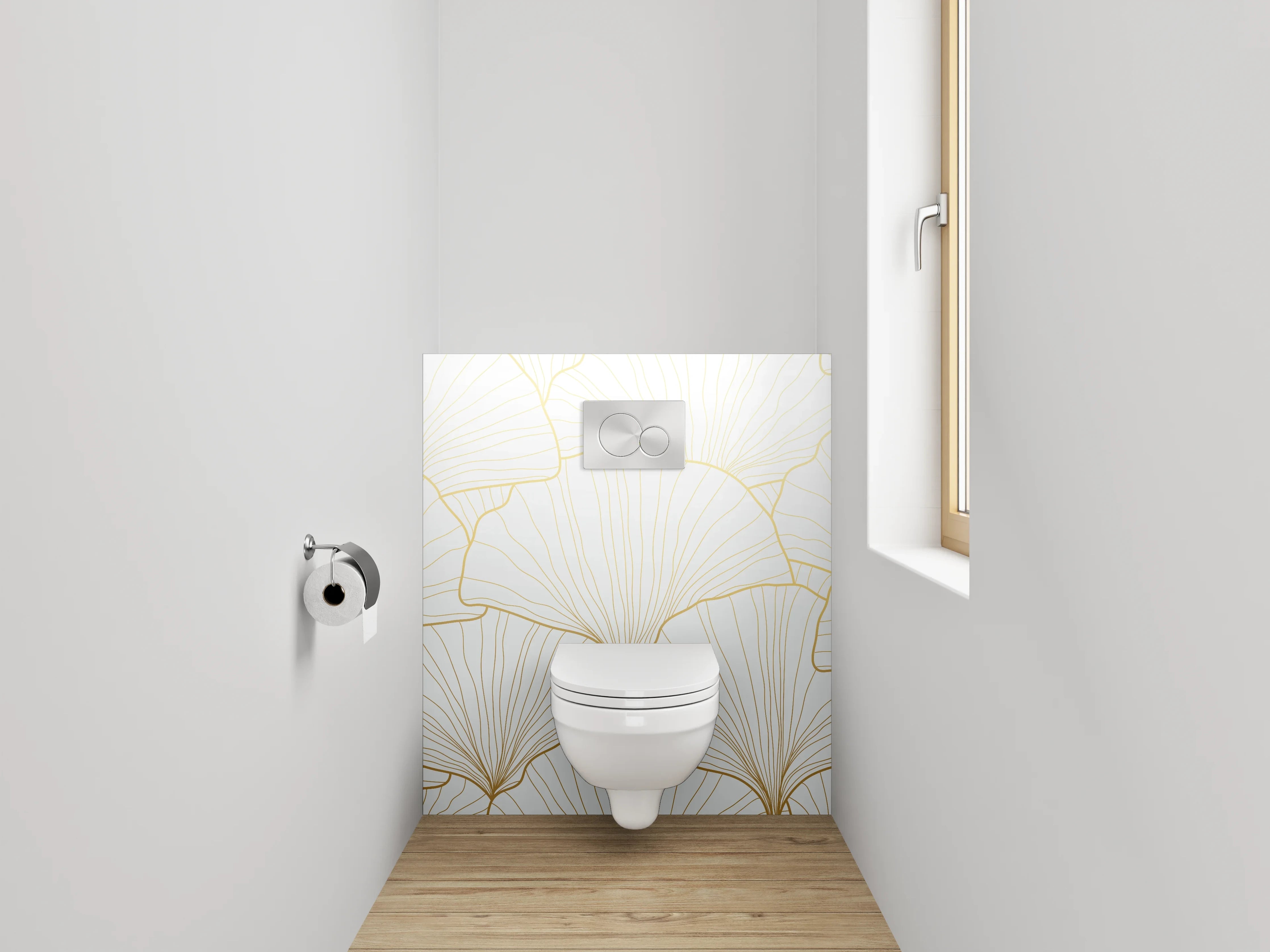 WC-Rückwand - Elegante goldene Ginkgo Lineart Weiß