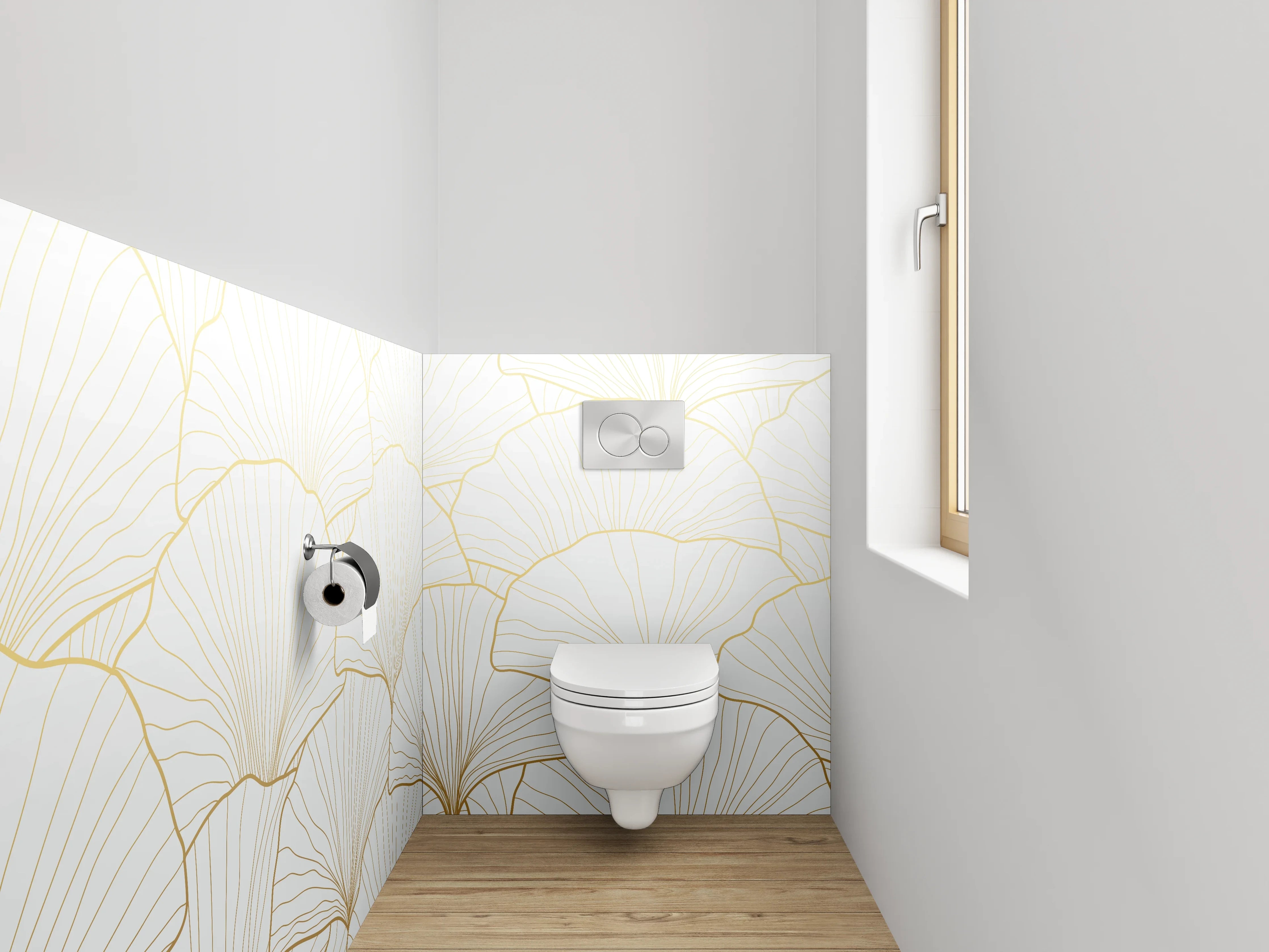 WC-Rückwand - Elegante goldene Ginkgo Lineart Weiß