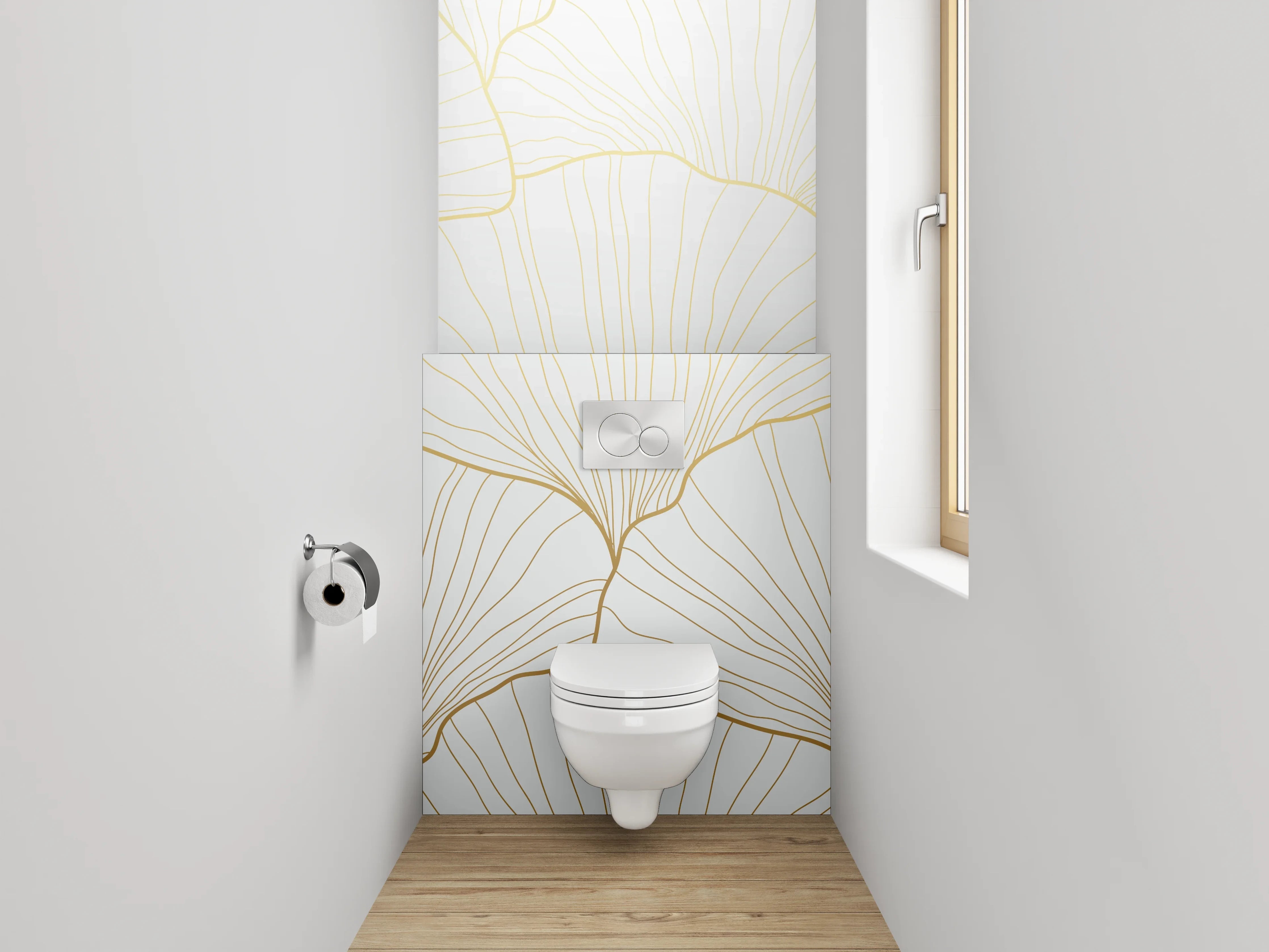 WC-Rückwand - Elegante goldene Ginkgo Lineart Weiß