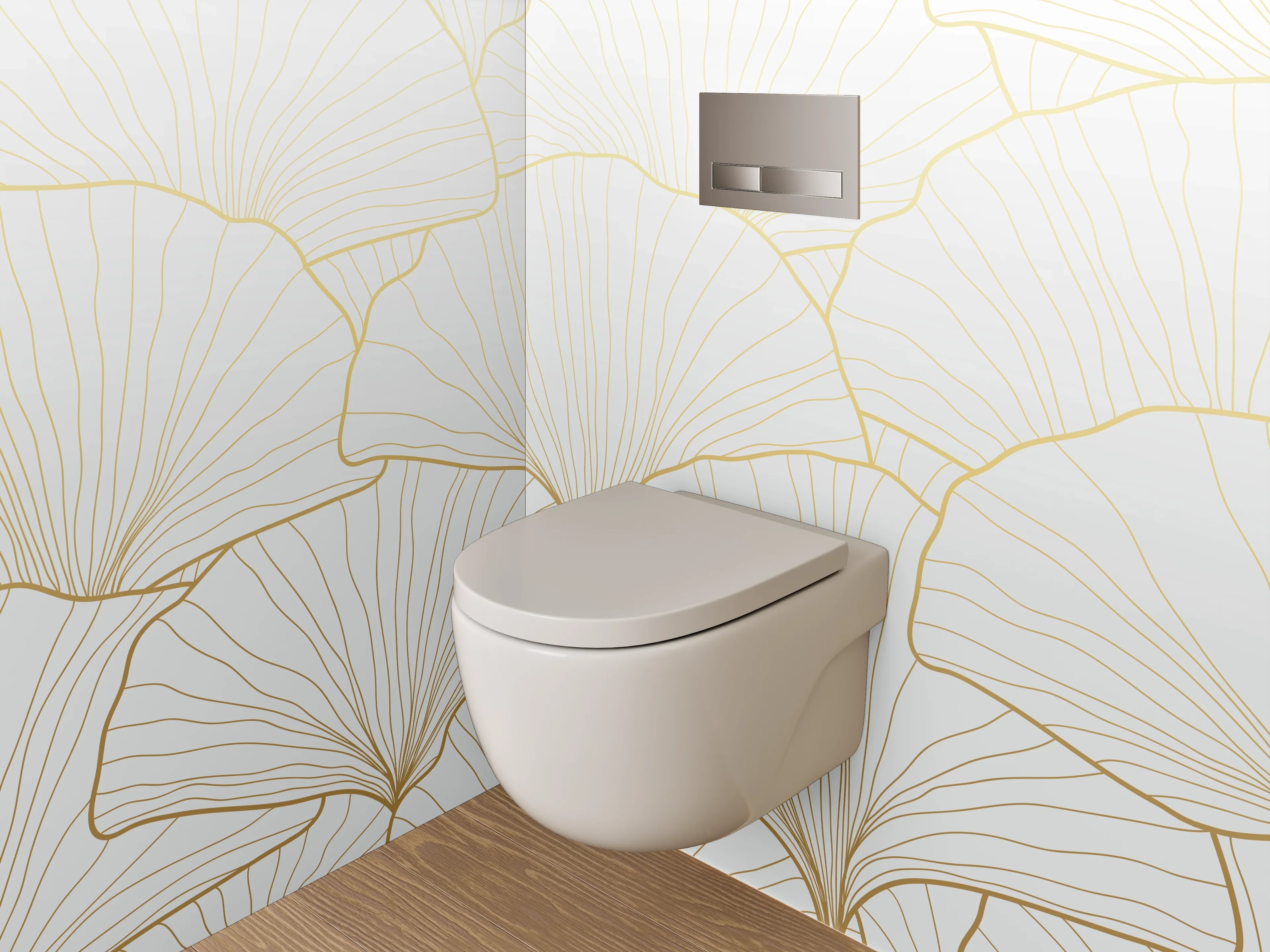 WC-Rückwand - Elegante goldene Ginkgo Lineart Weiß