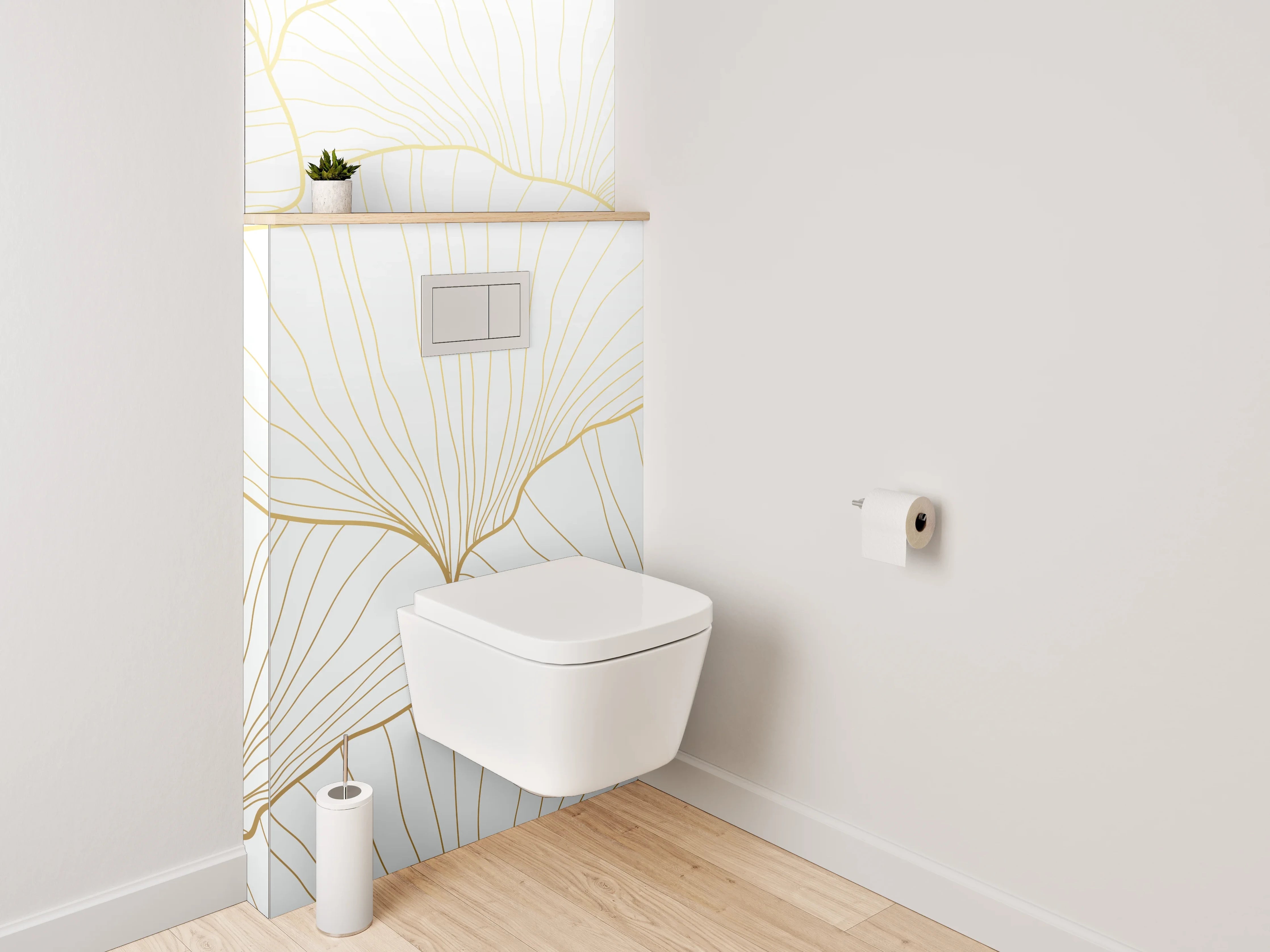 WC-Rückwand - Elegante goldene Ginkgo Lineart Weiß