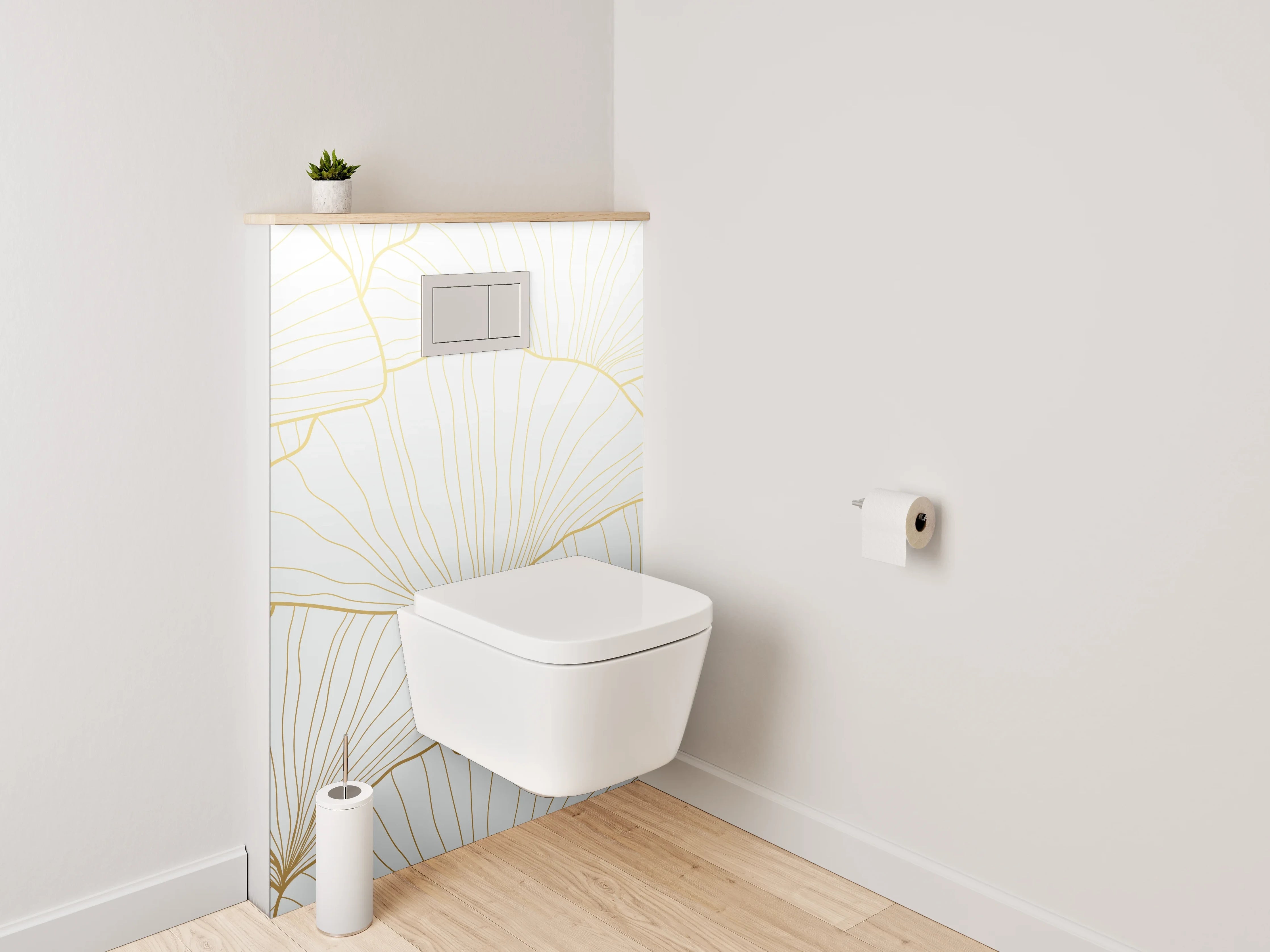 WC-Rückwand - Elegante goldene Ginkgo Lineart Weiß