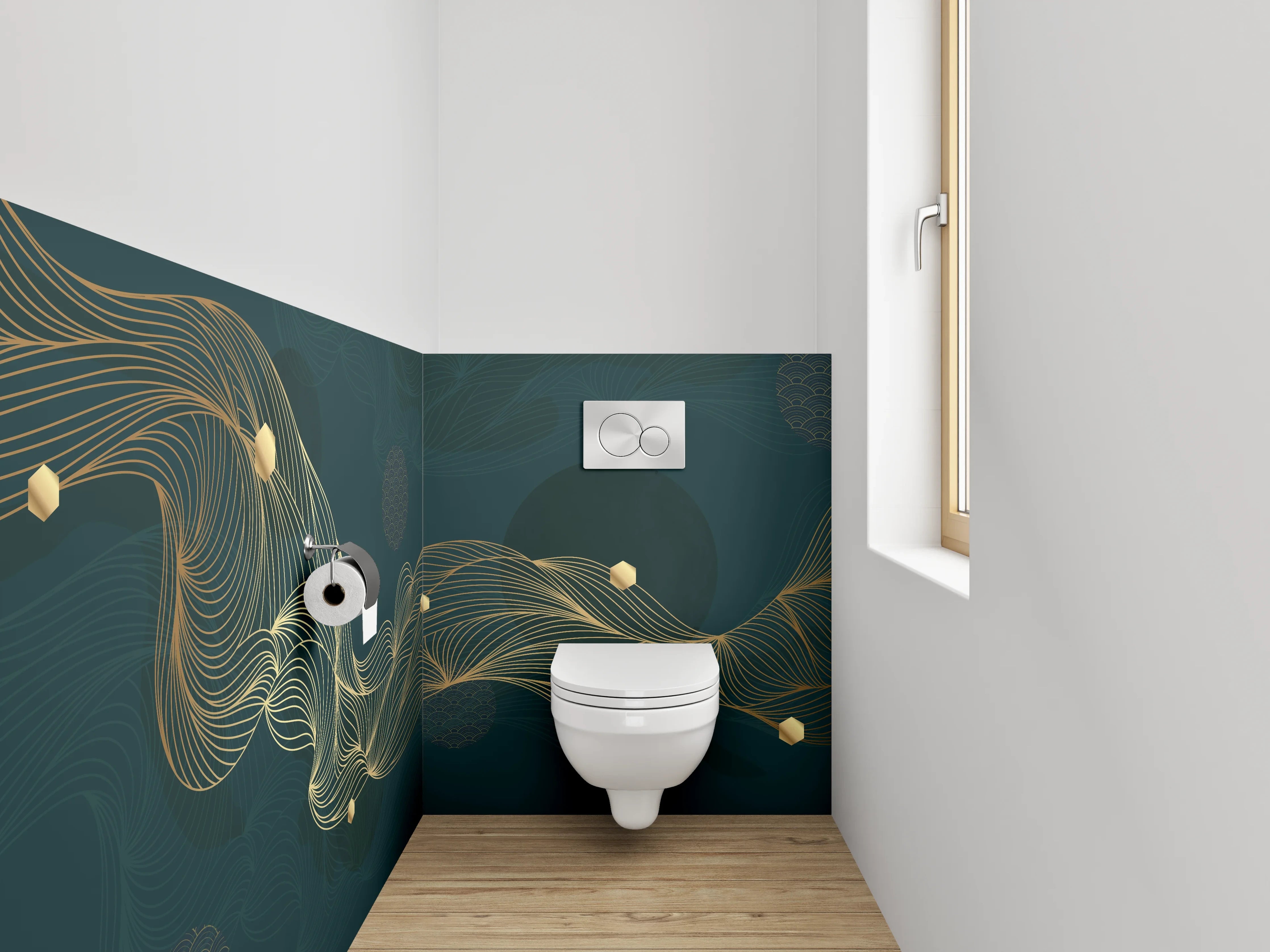 WC-Rückwand - Elegante goldene Linienwelle Abstrakt