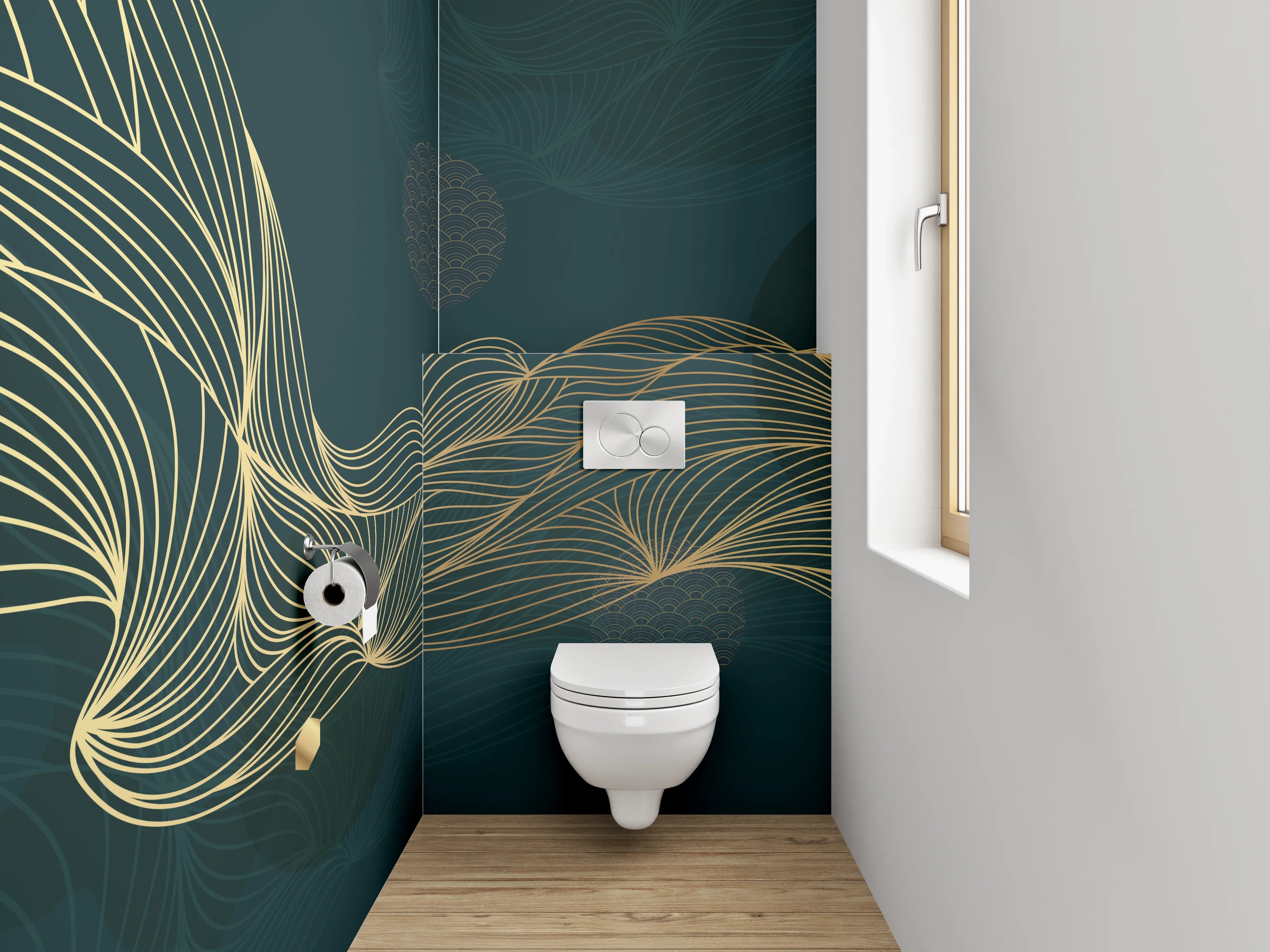 WC-Rückwand - Elegante goldene Linienwelle Abstrakt