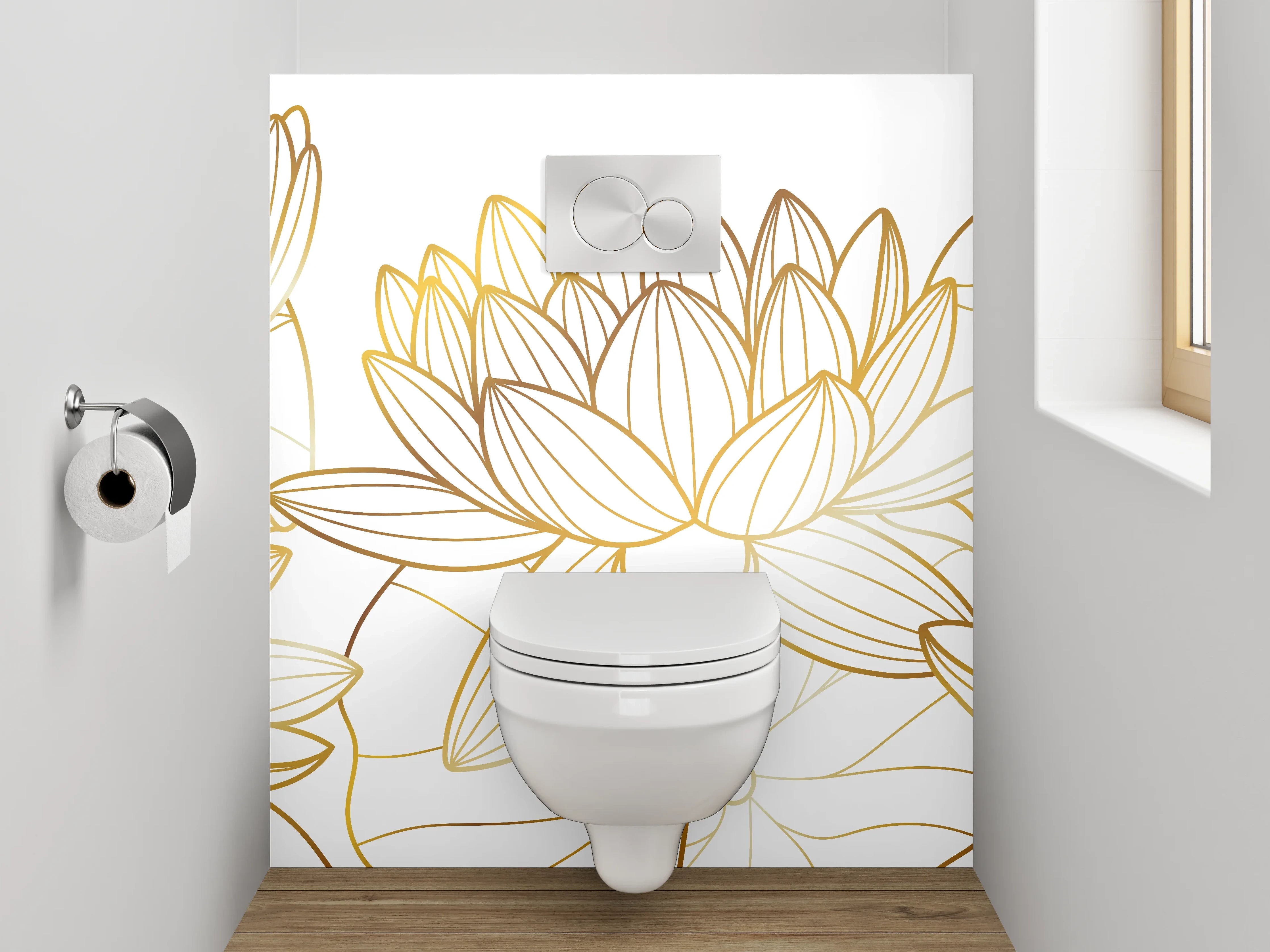 WC-Rückwand - Elegante goldene Lotus-Linienzeichnung