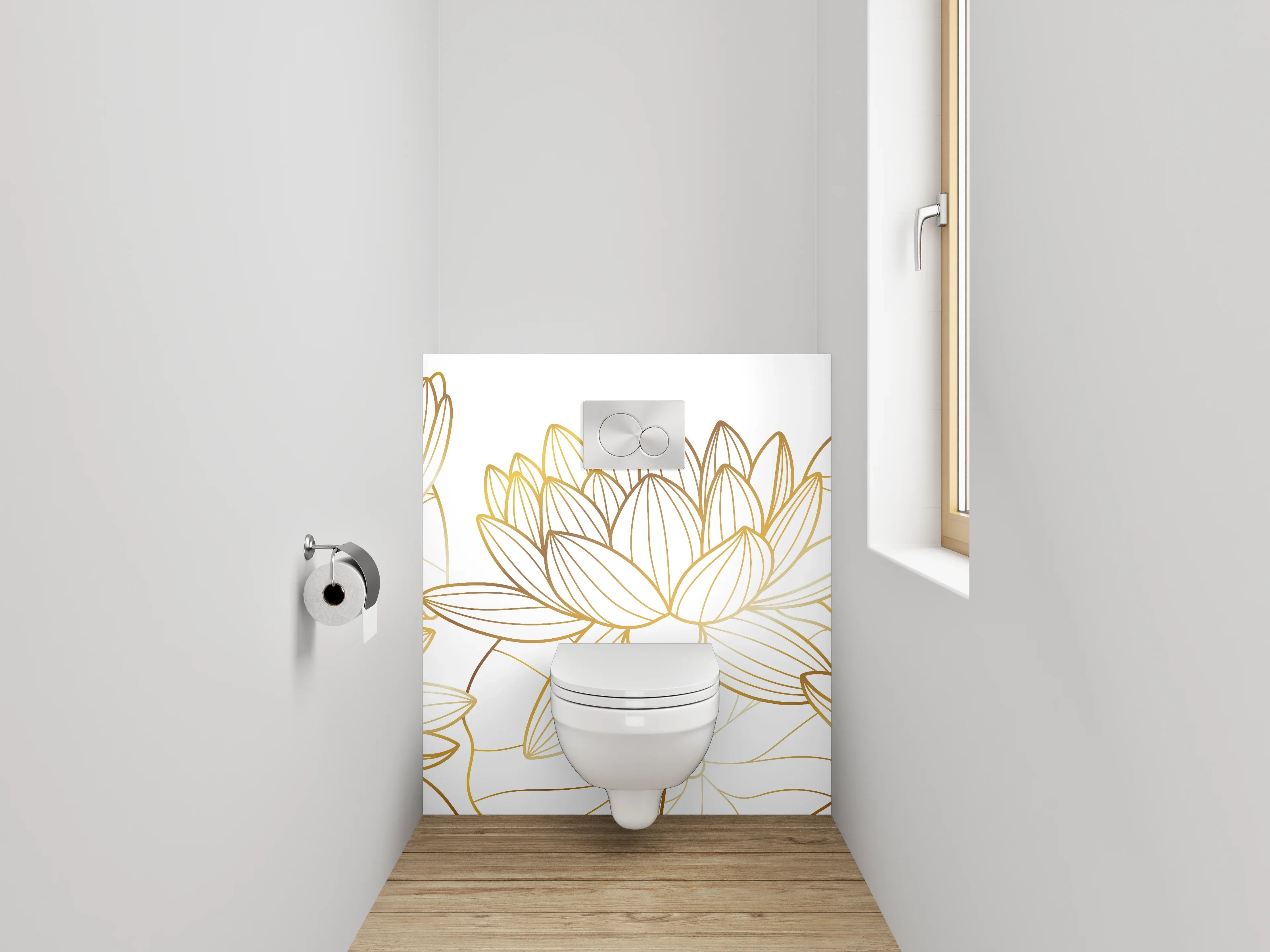 WC-Rückwand - Elegante goldene Lotus-Linienzeichnung