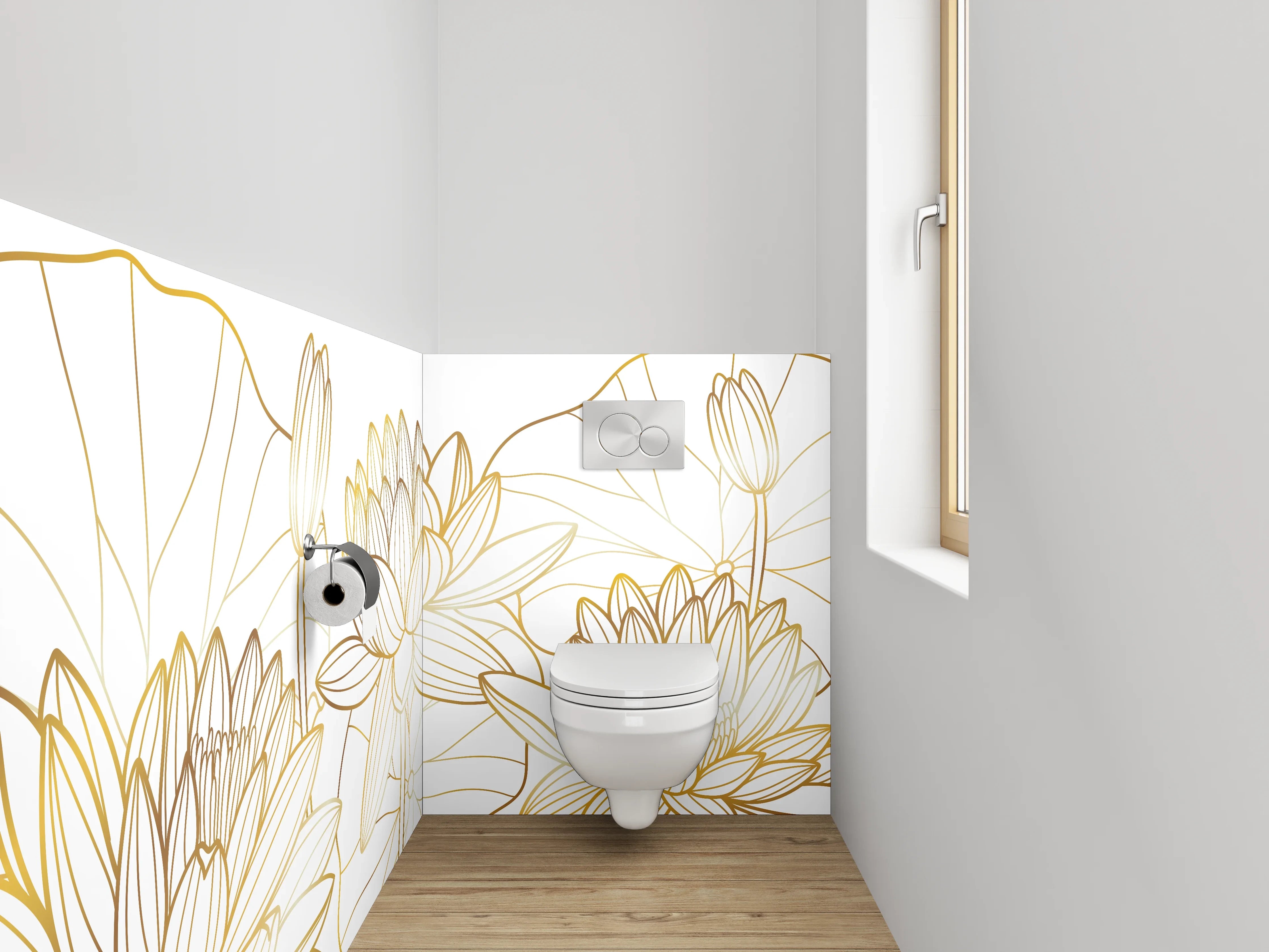 WC-Rückwand - Elegante goldene Lotus-Linienzeichnung