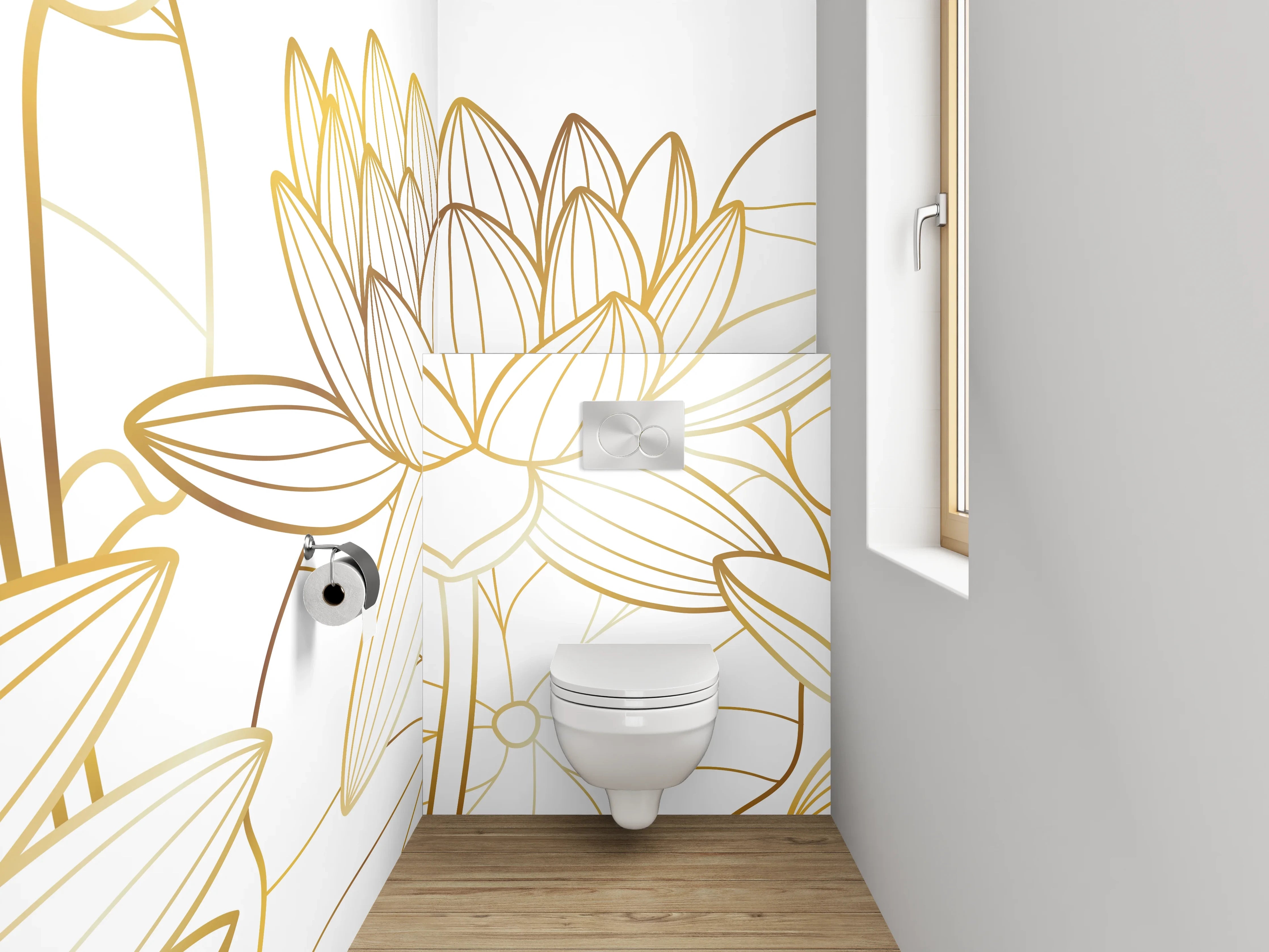 WC-Rückwand - Elegante goldene Lotus-Linienzeichnung