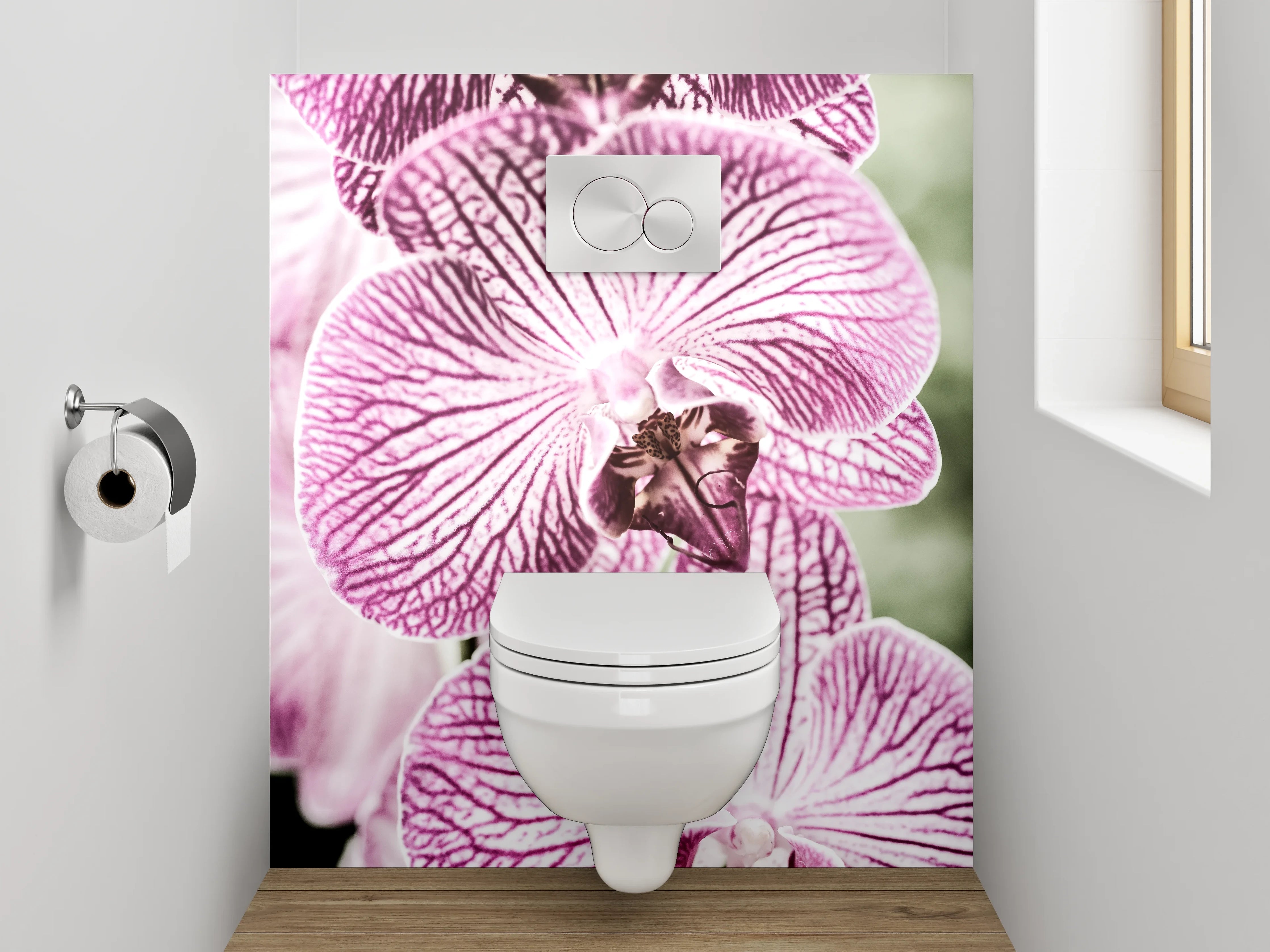WC-Rückwand - Elegante lila Orchidee auf Weiß