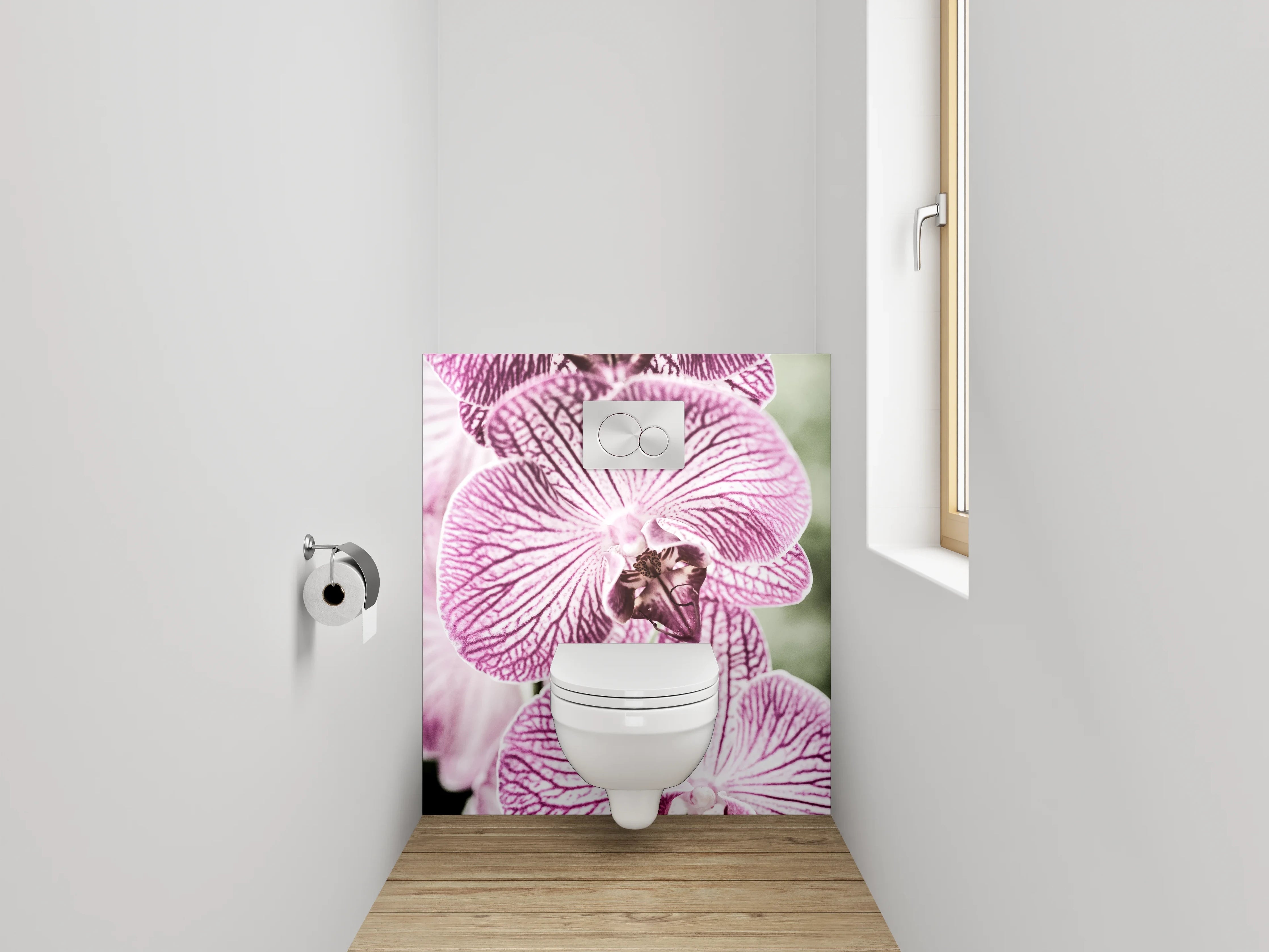 WC-Rückwand - Elegante lila Orchidee auf Weiß