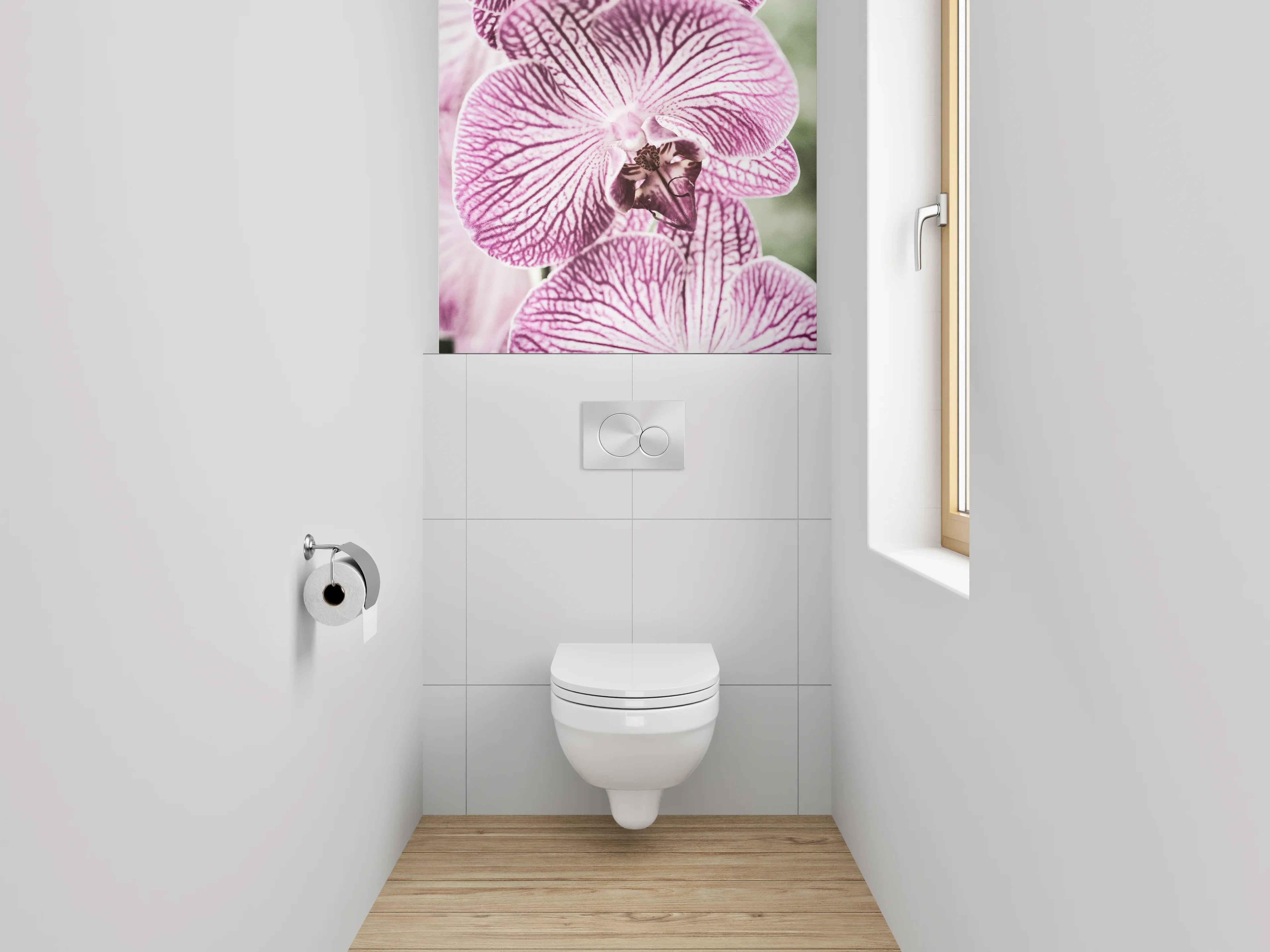 WC-Rückwand - Elegante lila Orchidee auf Weiß