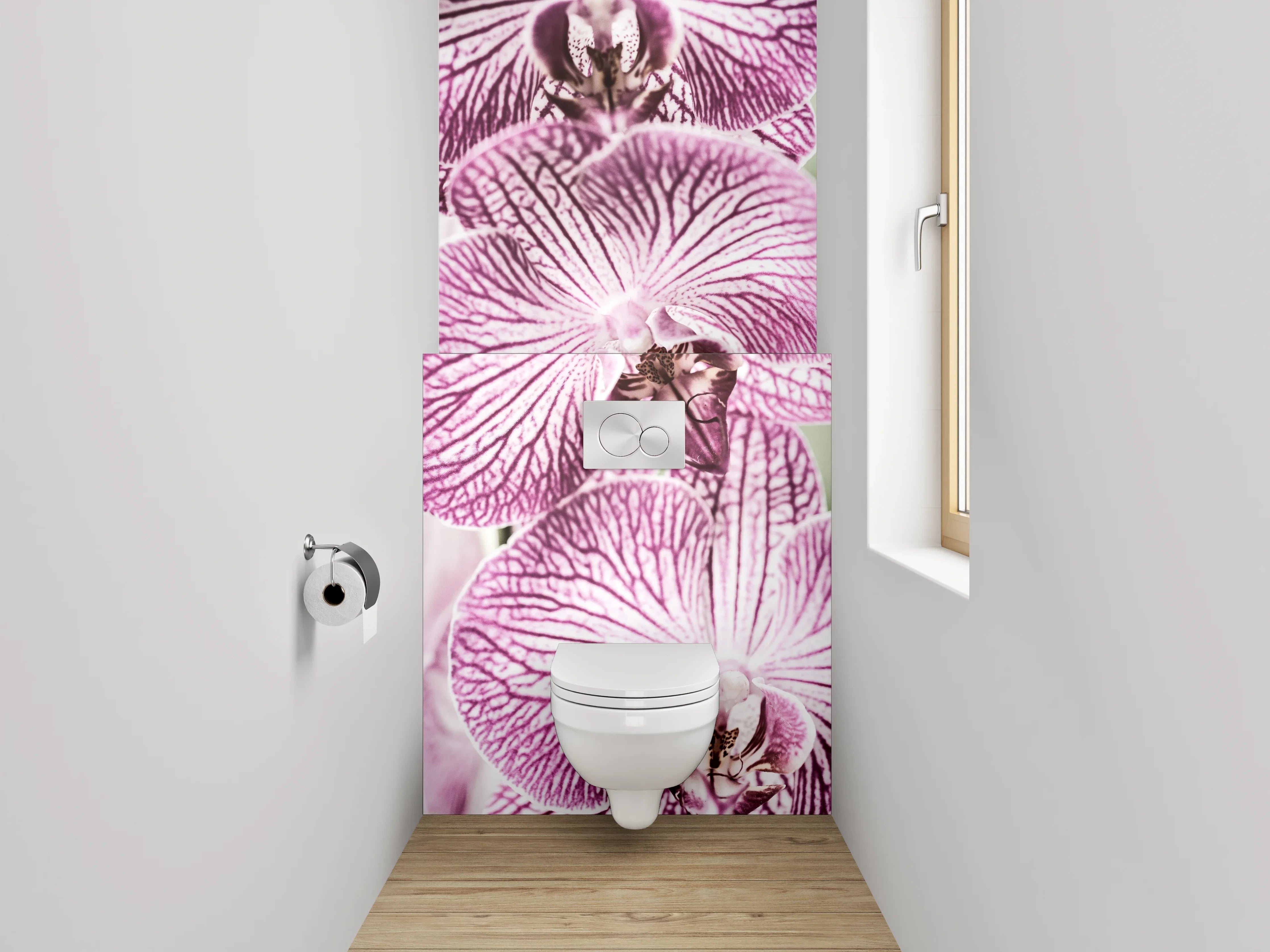 WC-Rückwand - Elegante lila Orchidee auf Weiß