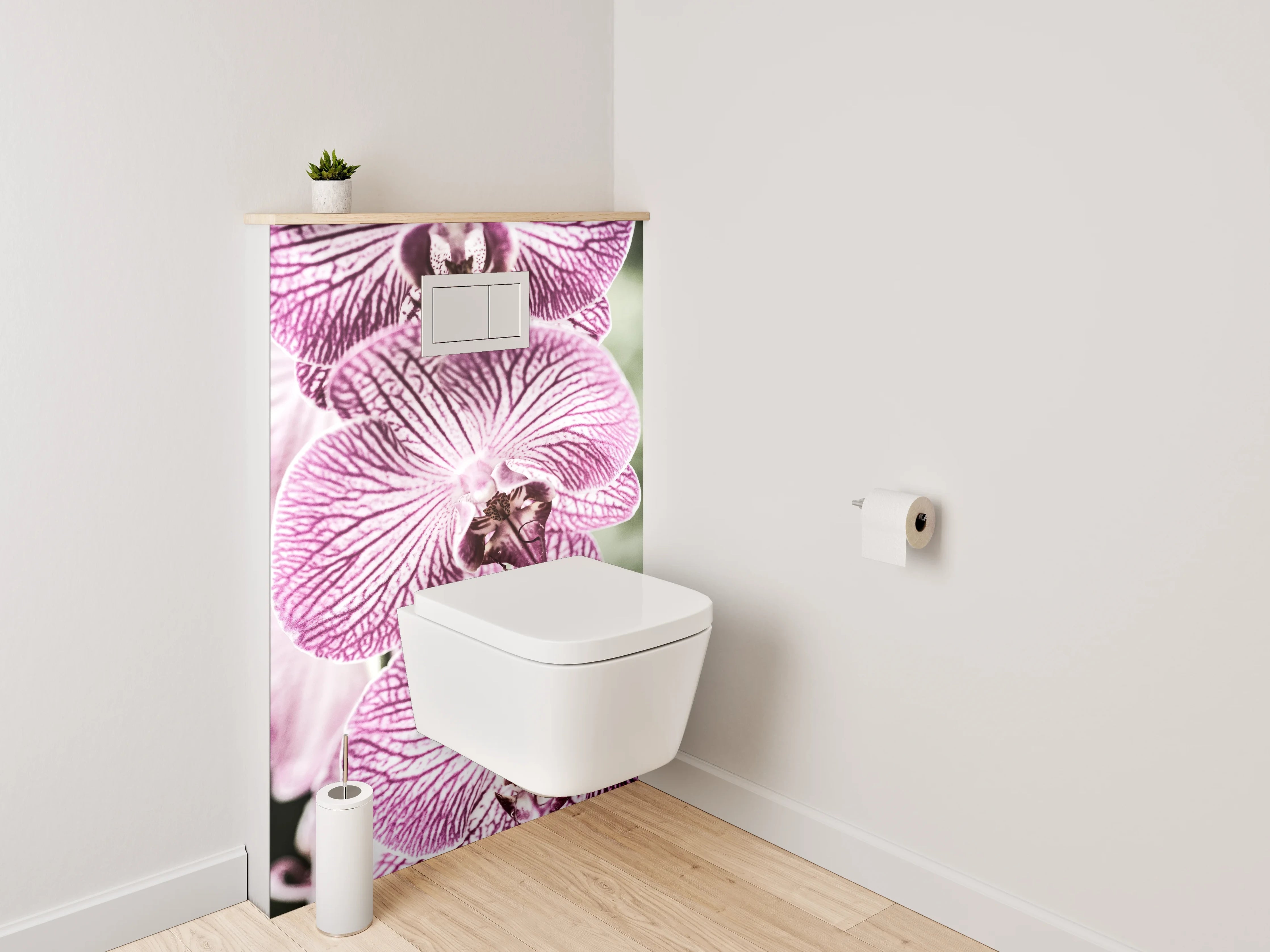 WC-Rückwand - Elegante lila Orchidee auf Weiß