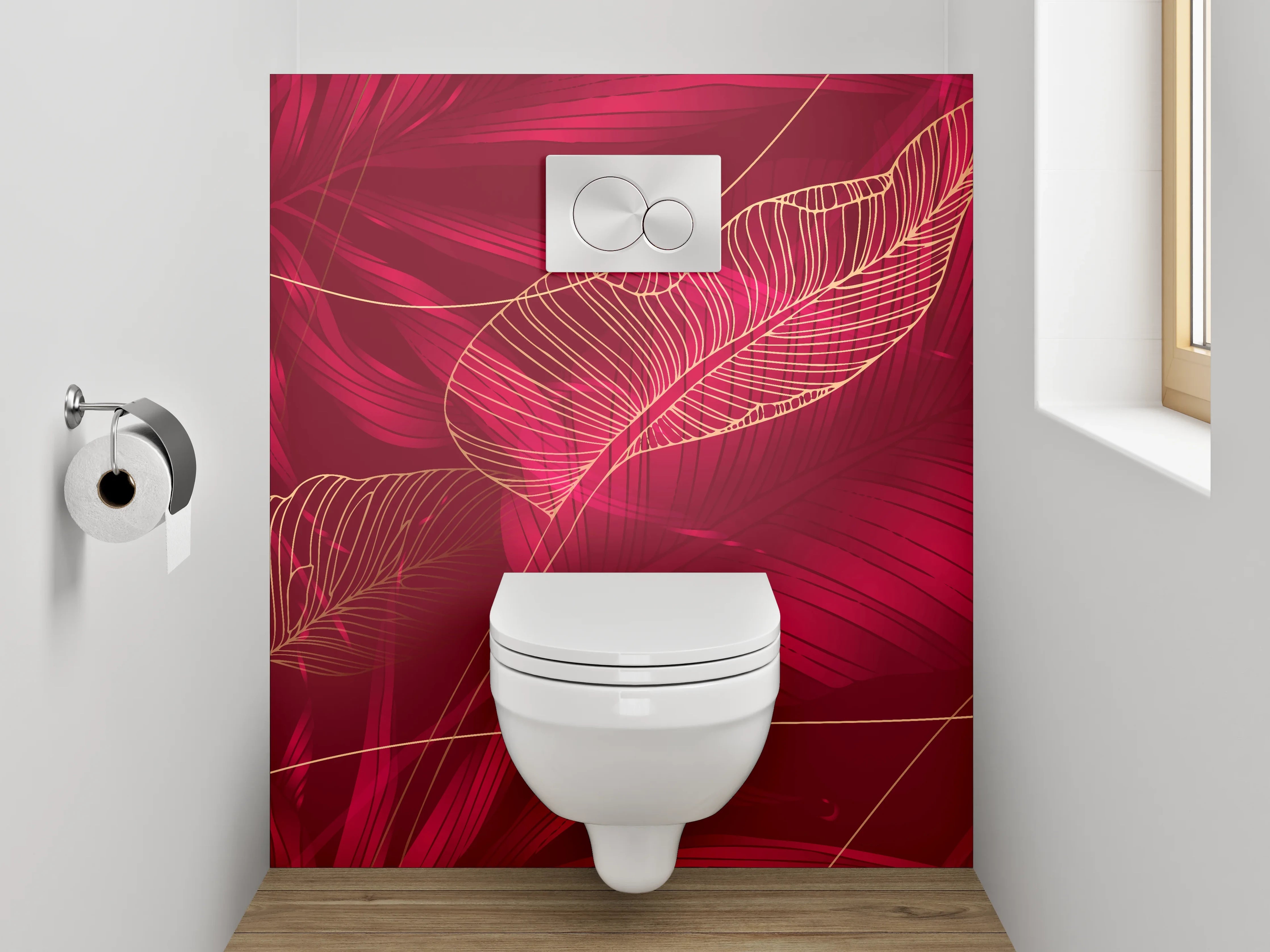 WC-Rückwand - Elegante rote Tropenblätter Lineart