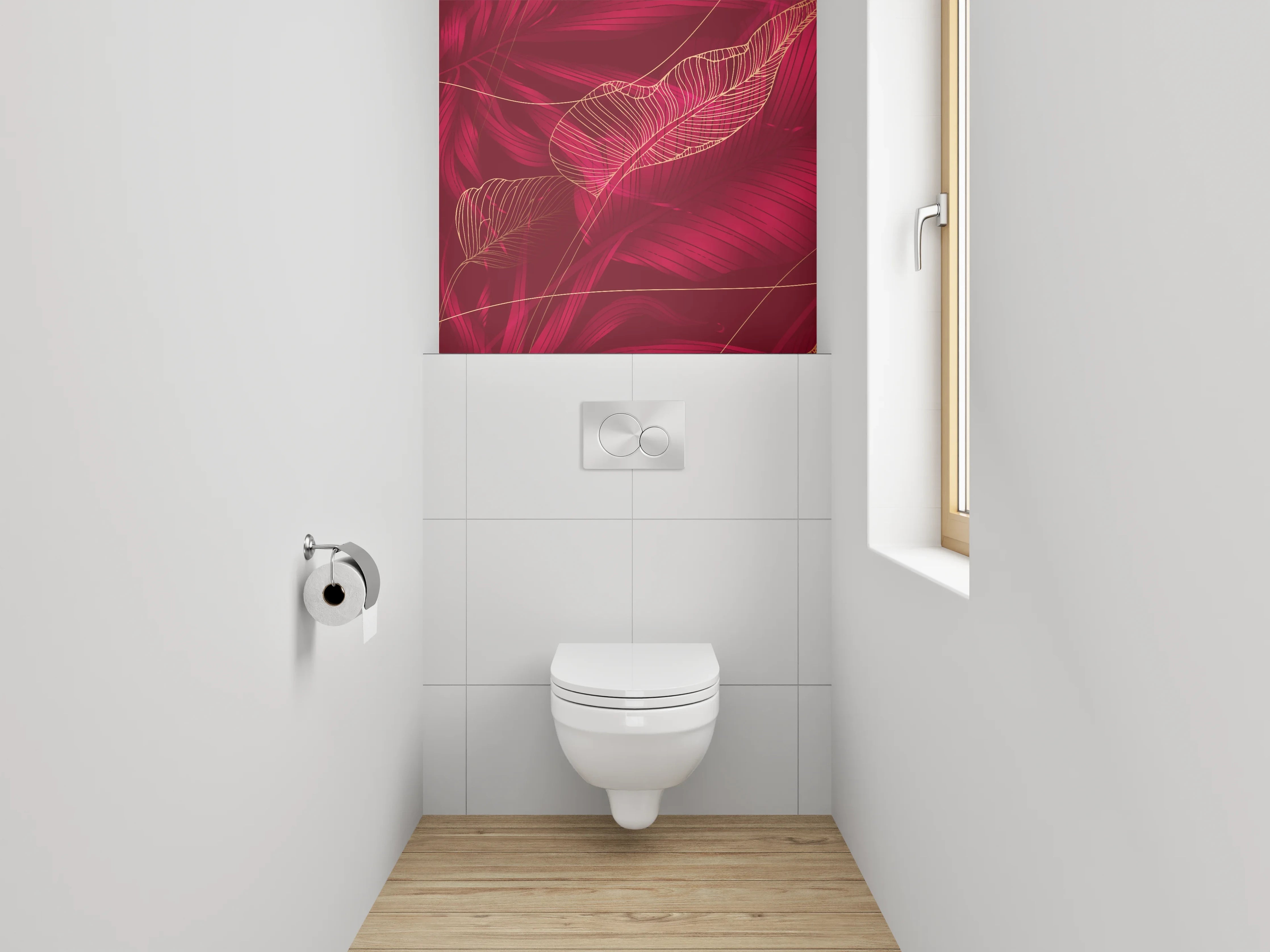 WC-Rückwand - Elegante rote Tropenblätter Lineart