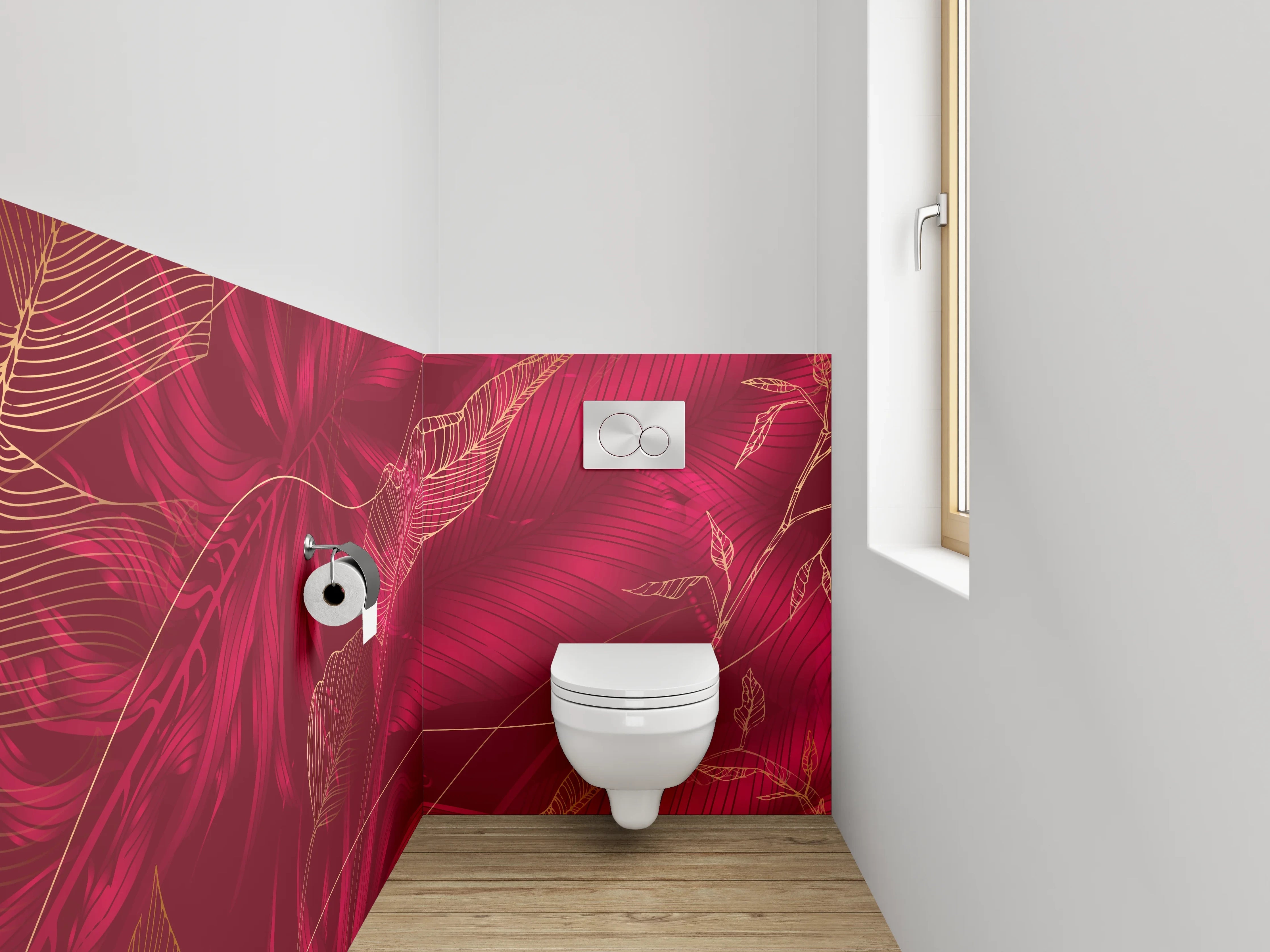 WC-Rückwand - Elegante rote Tropenblätter Lineart