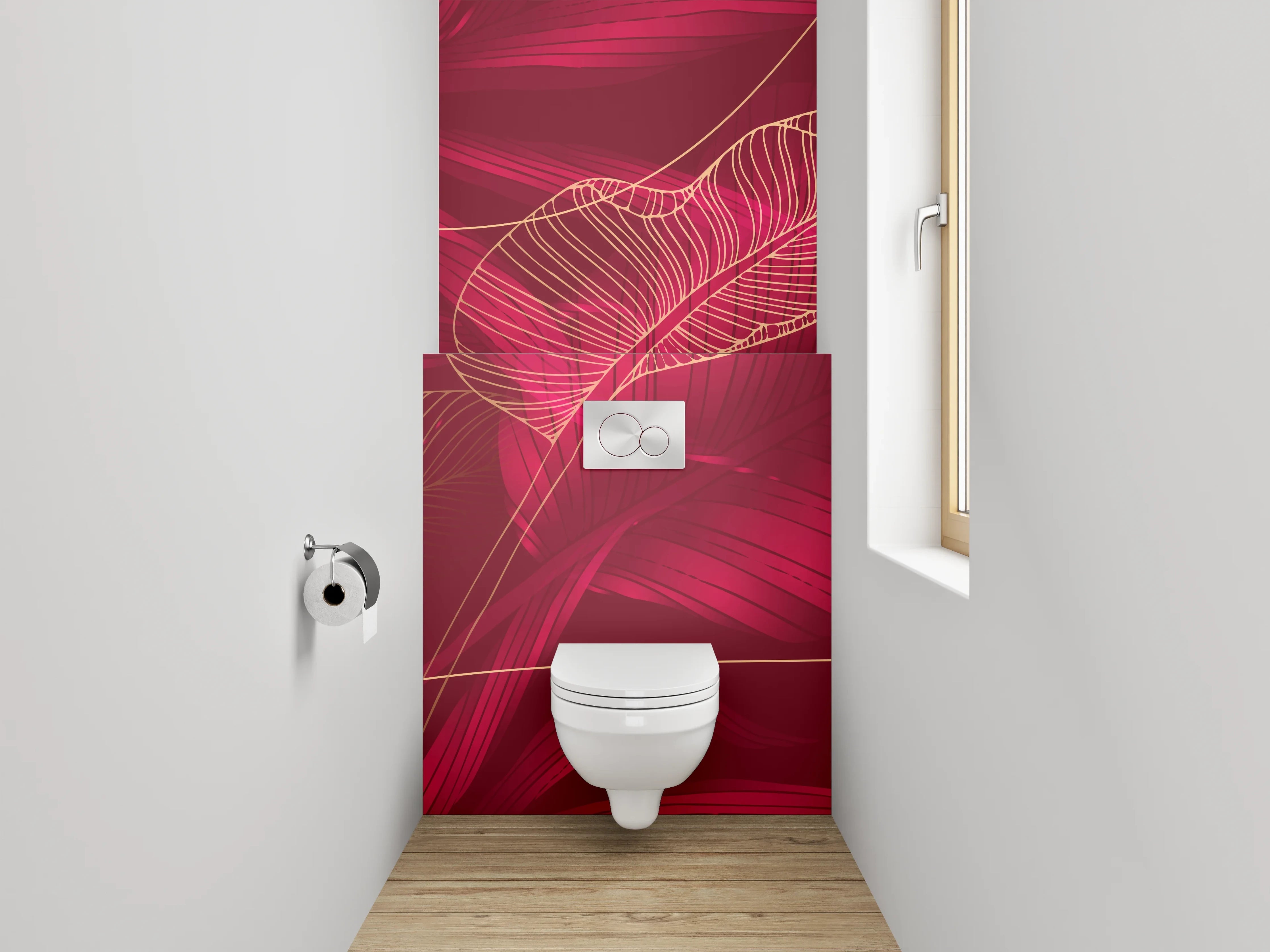 WC-Rückwand - Elegante rote Tropenblätter Lineart