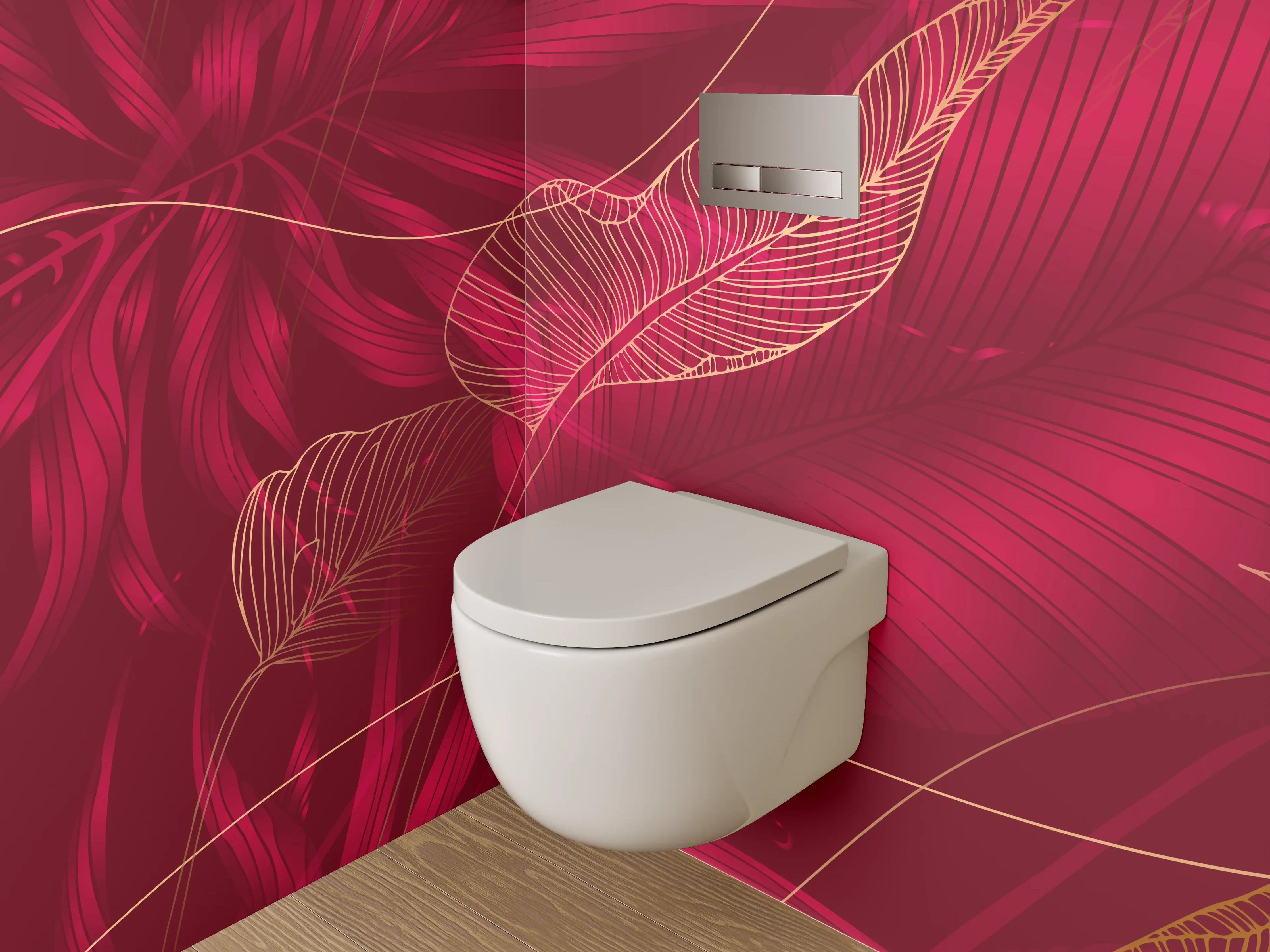 WC-Rückwand - Elegante rote Tropenblätter Lineart