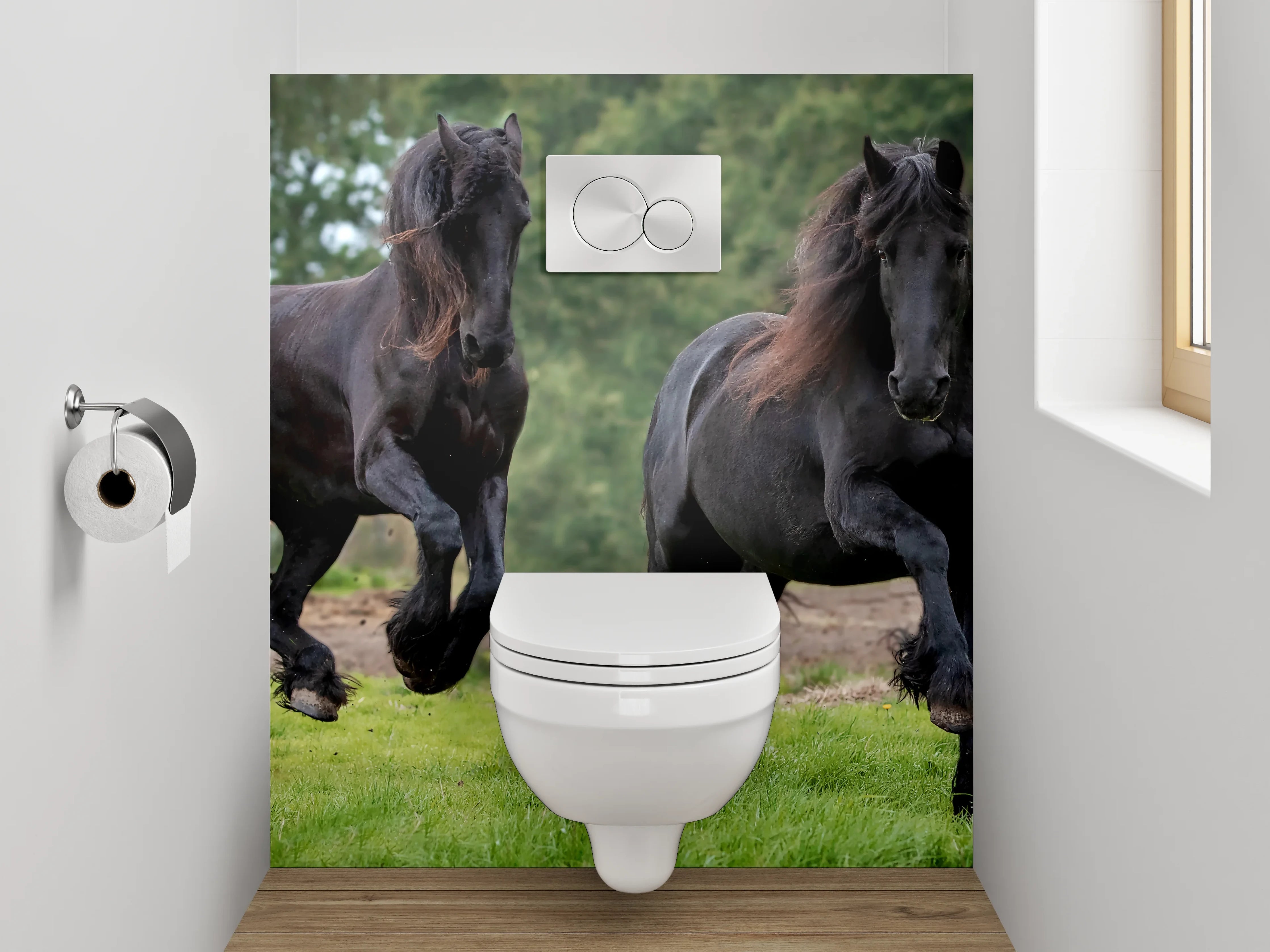 WC-Rückwand - Elegante schwarze Pferde auf grüner Wiese