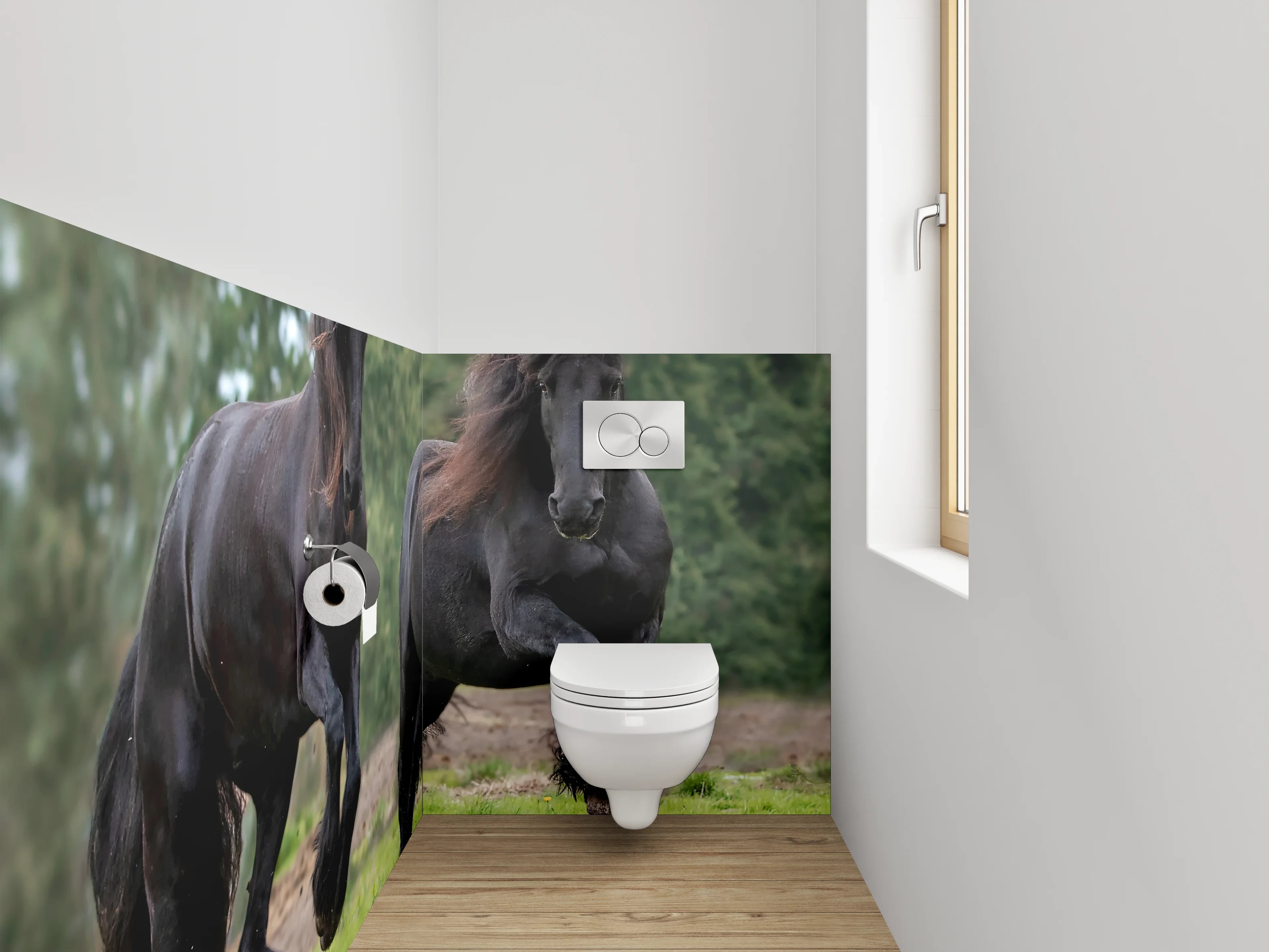 WC-Rückwand - Elegante schwarze Pferde auf grüner Wiese