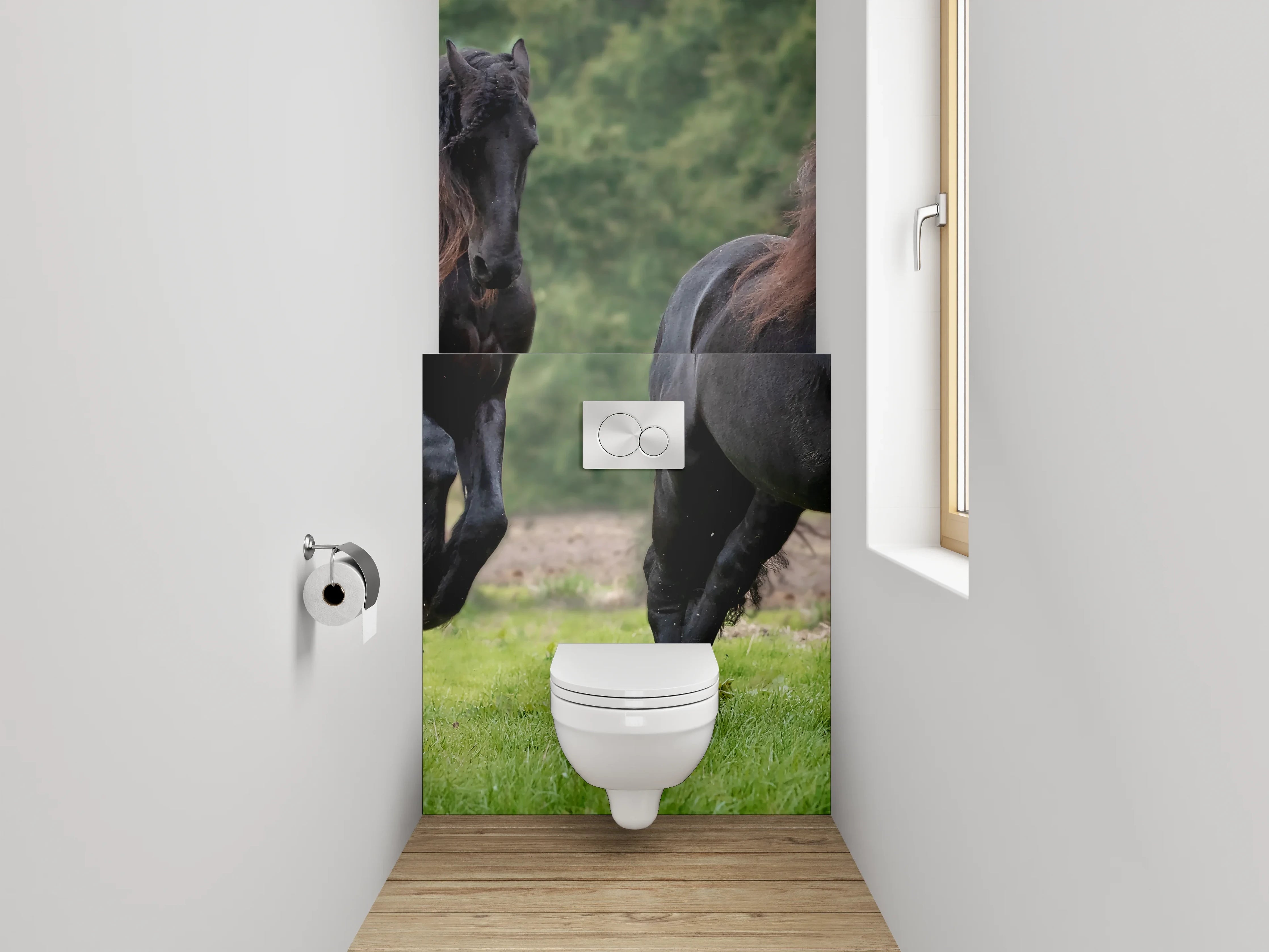 WC-Rückwand - Elegante schwarze Pferde auf grüner Wiese