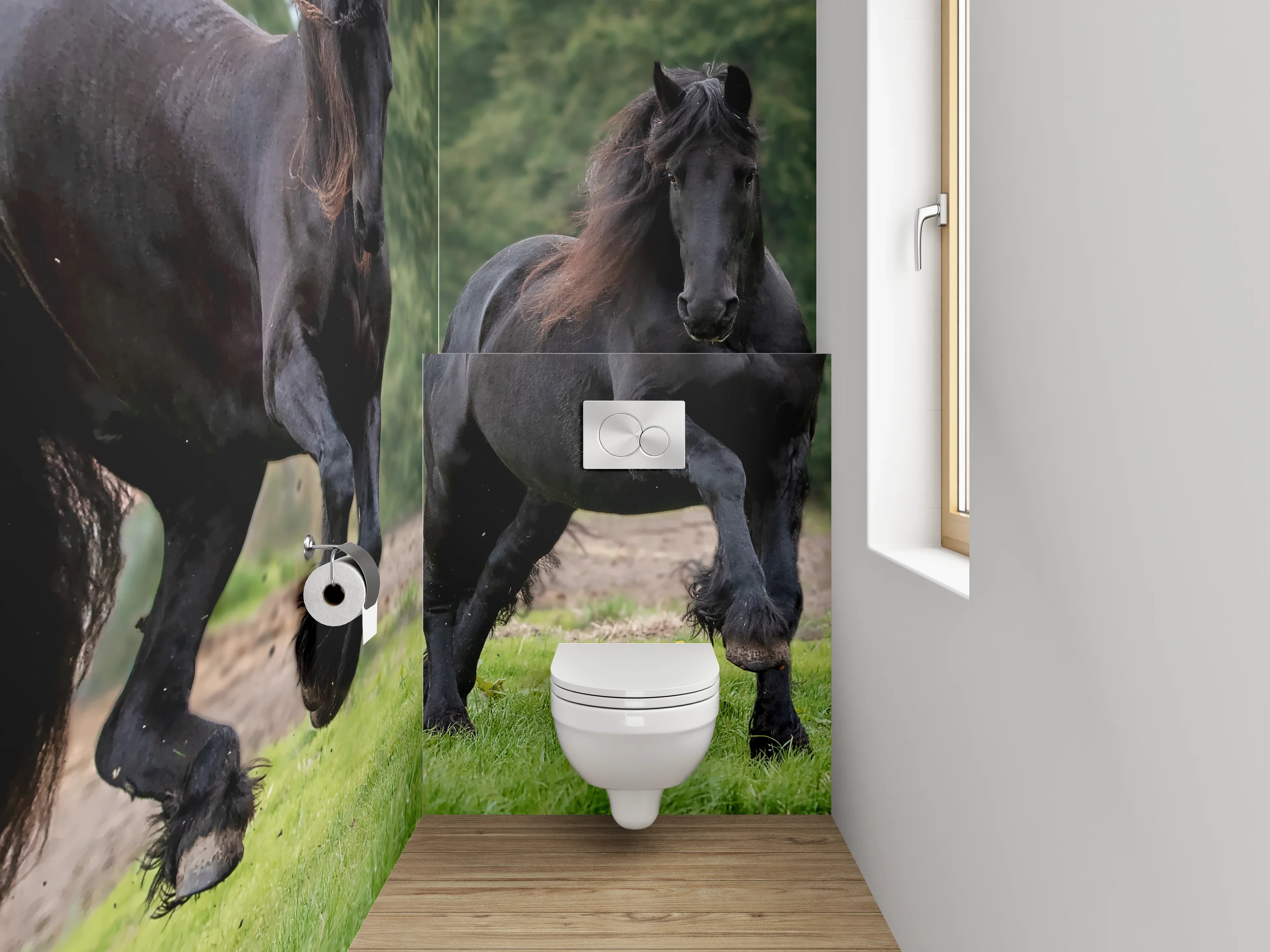 WC-Rückwand - Elegante schwarze Pferde auf grüner Wiese