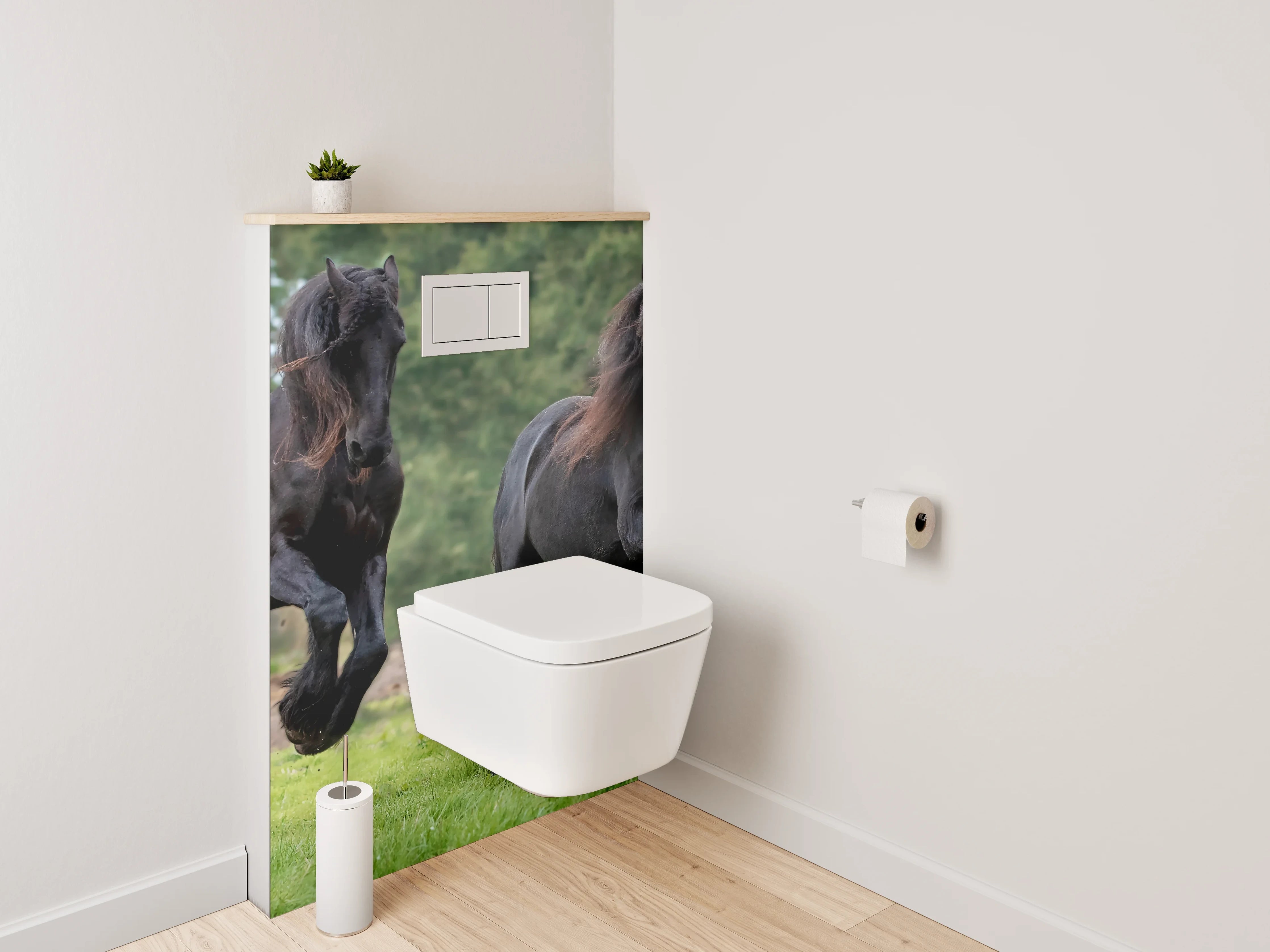 WC-Rückwand - Elegante schwarze Pferde auf grüner Wiese