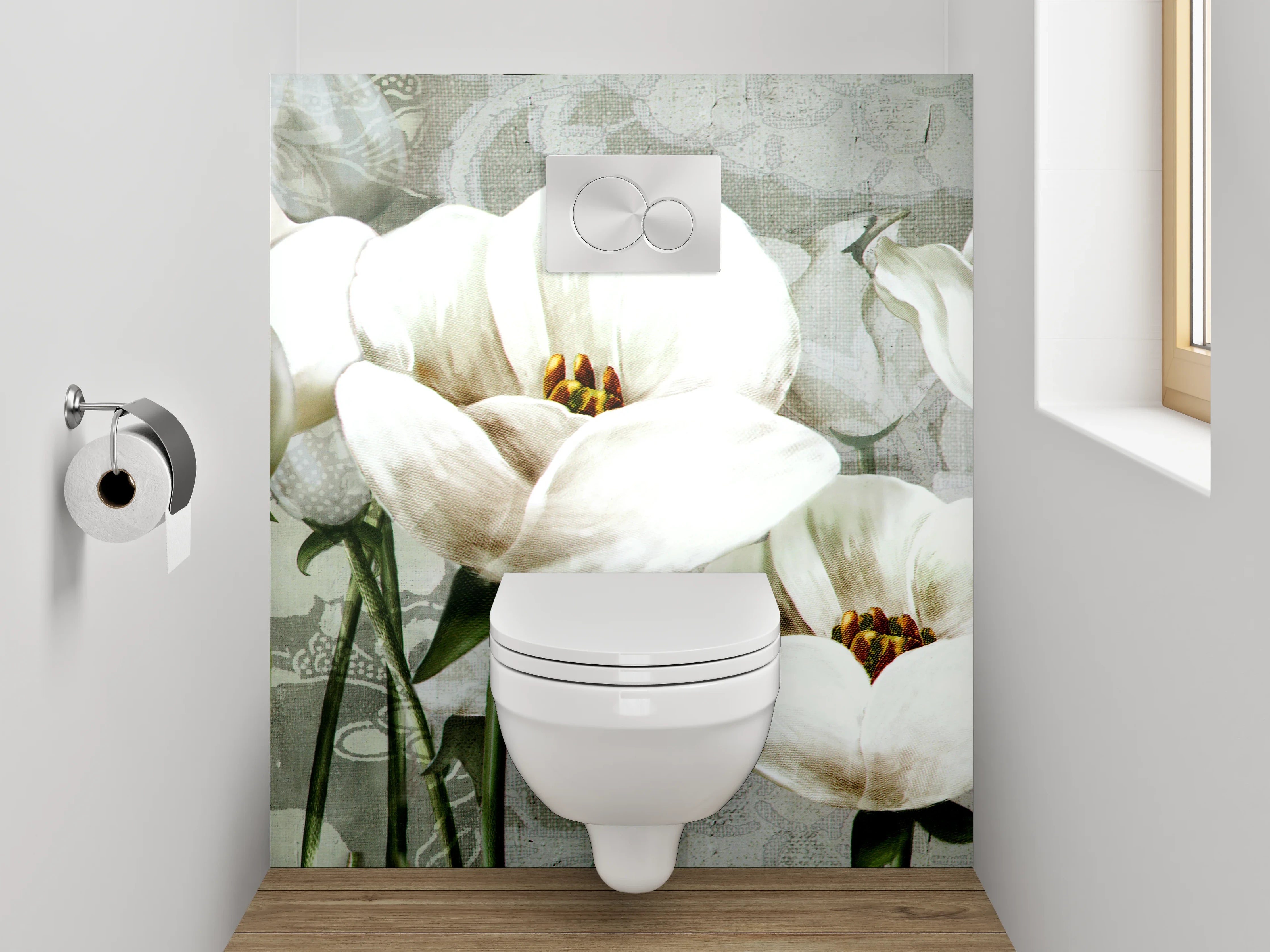 WC-Rückwand - Elegante weiße Blumen Aquarell
