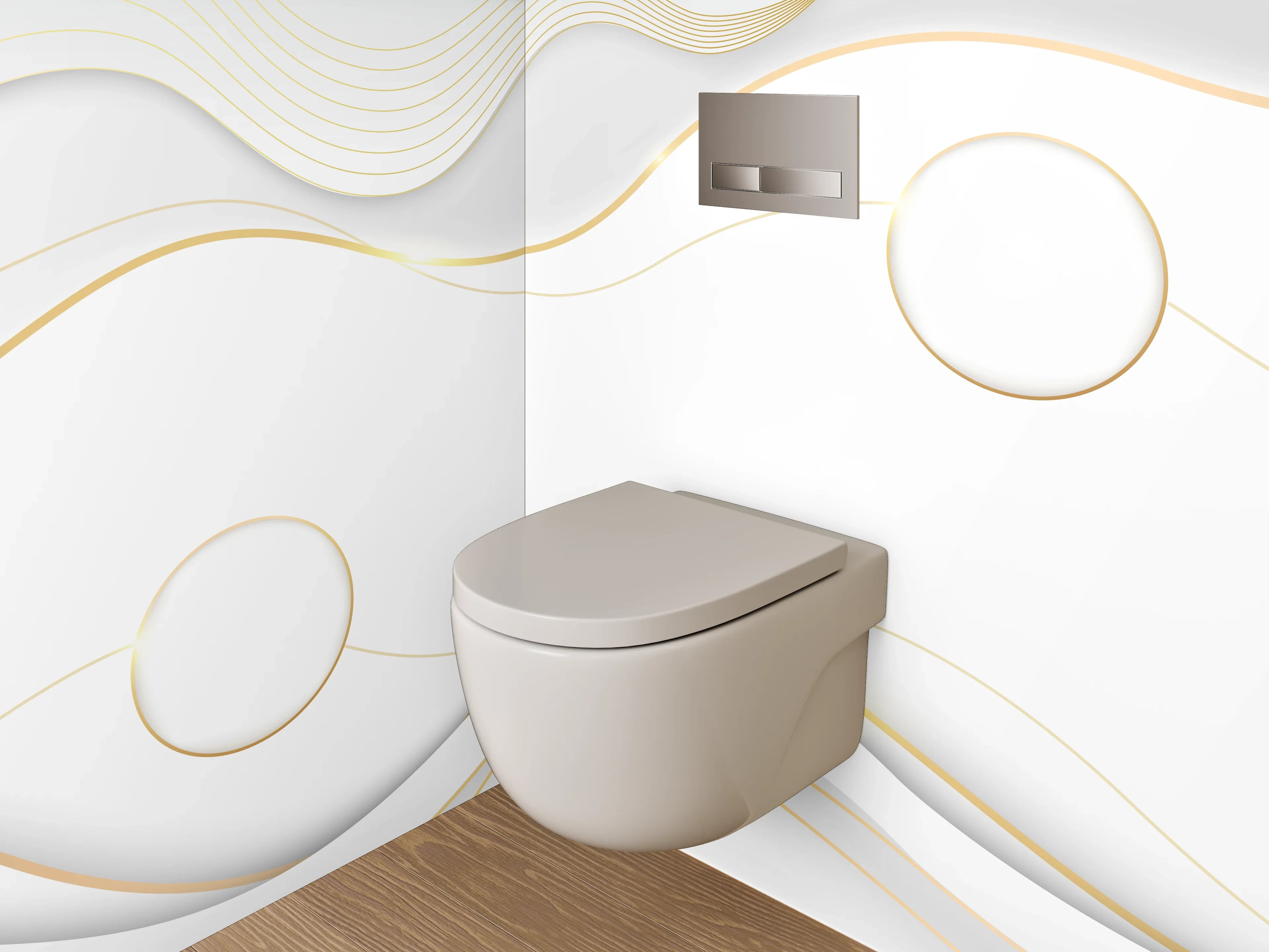 WC-Rückwand - Elegante weiße Wellen mit Goldakzent