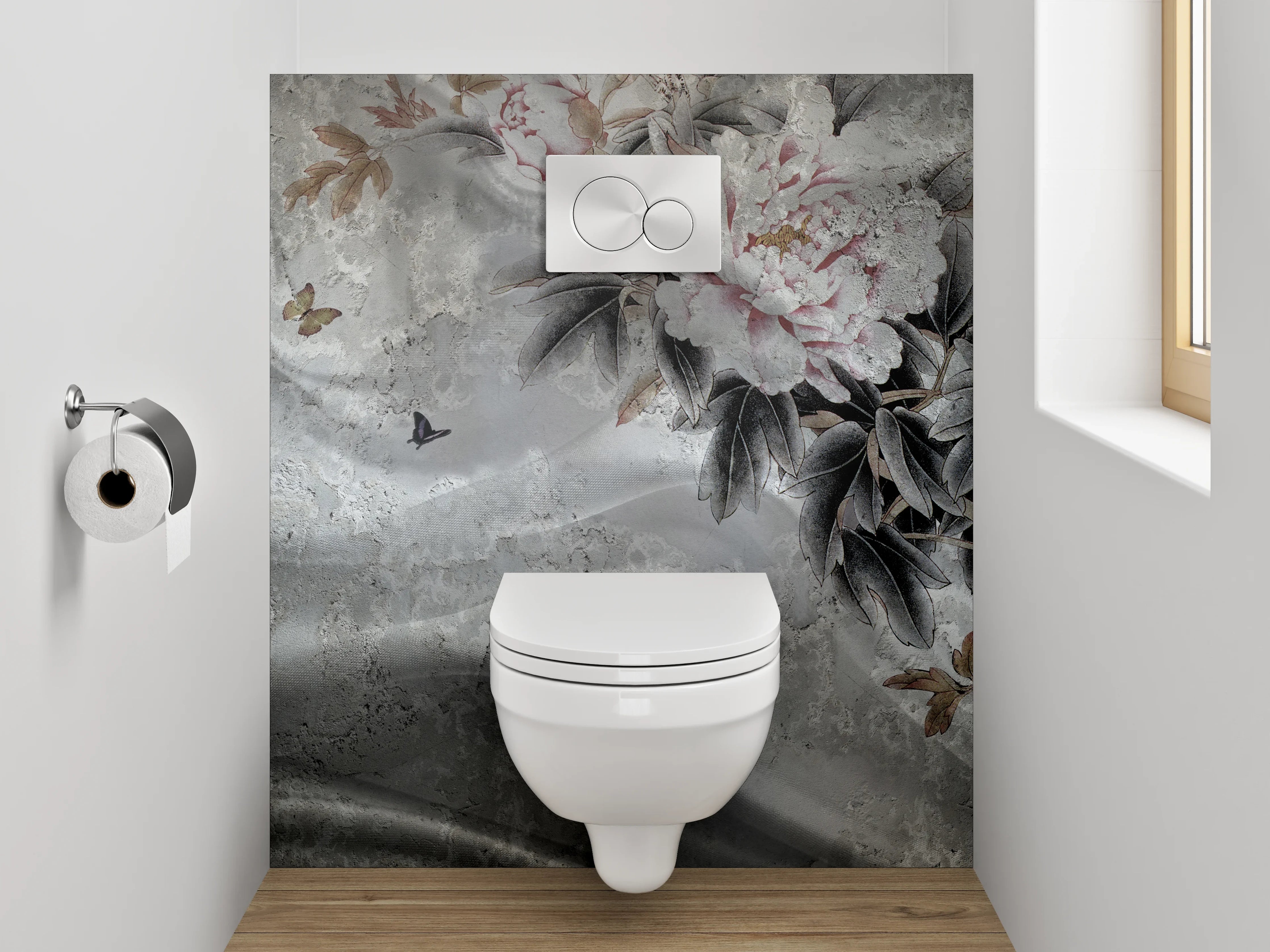 WC-Rückwand - Eleganter Marmor mit floraler Malerei