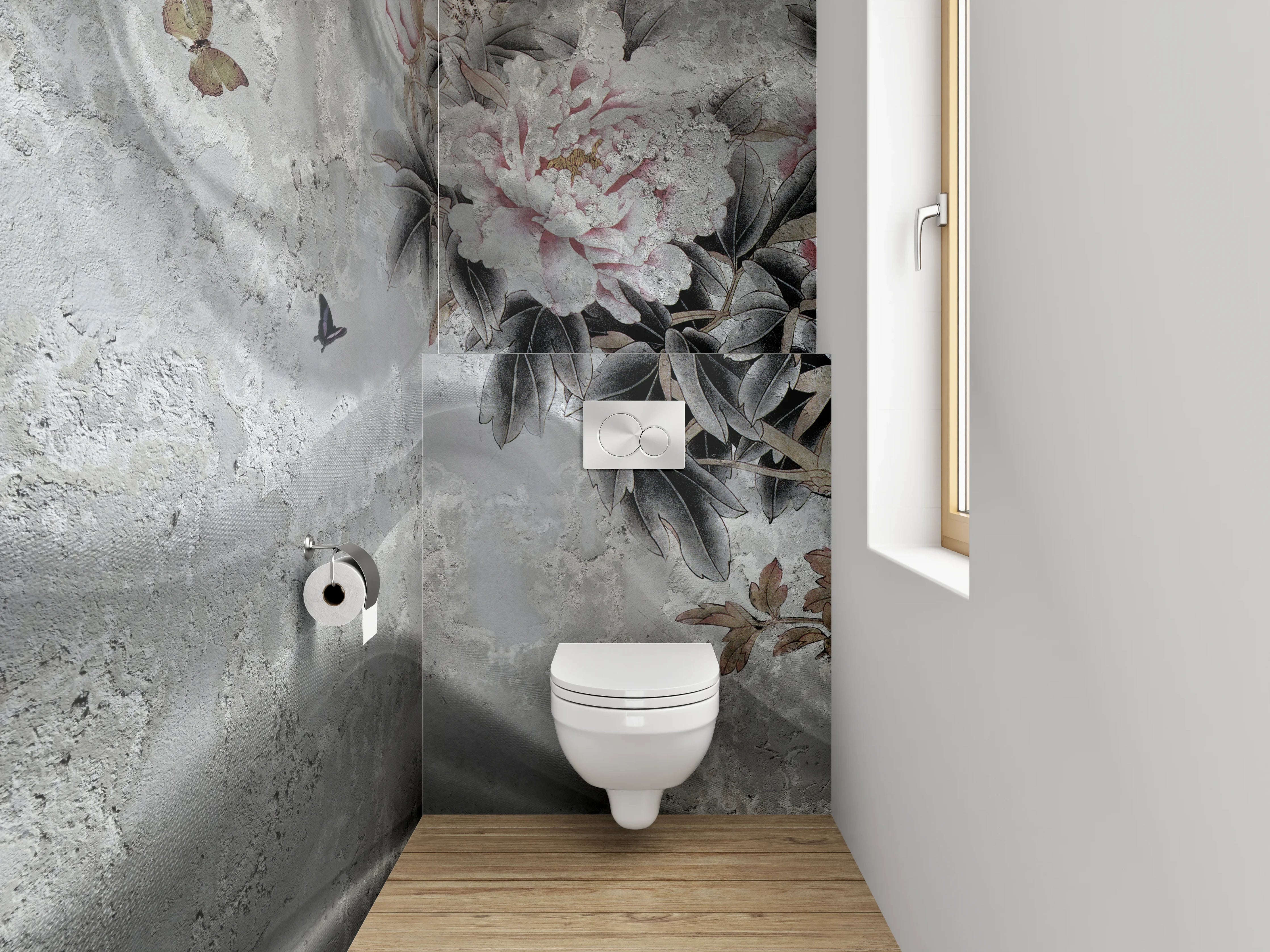 WC-Rückwand - Eleganter Marmor mit floraler Malerei