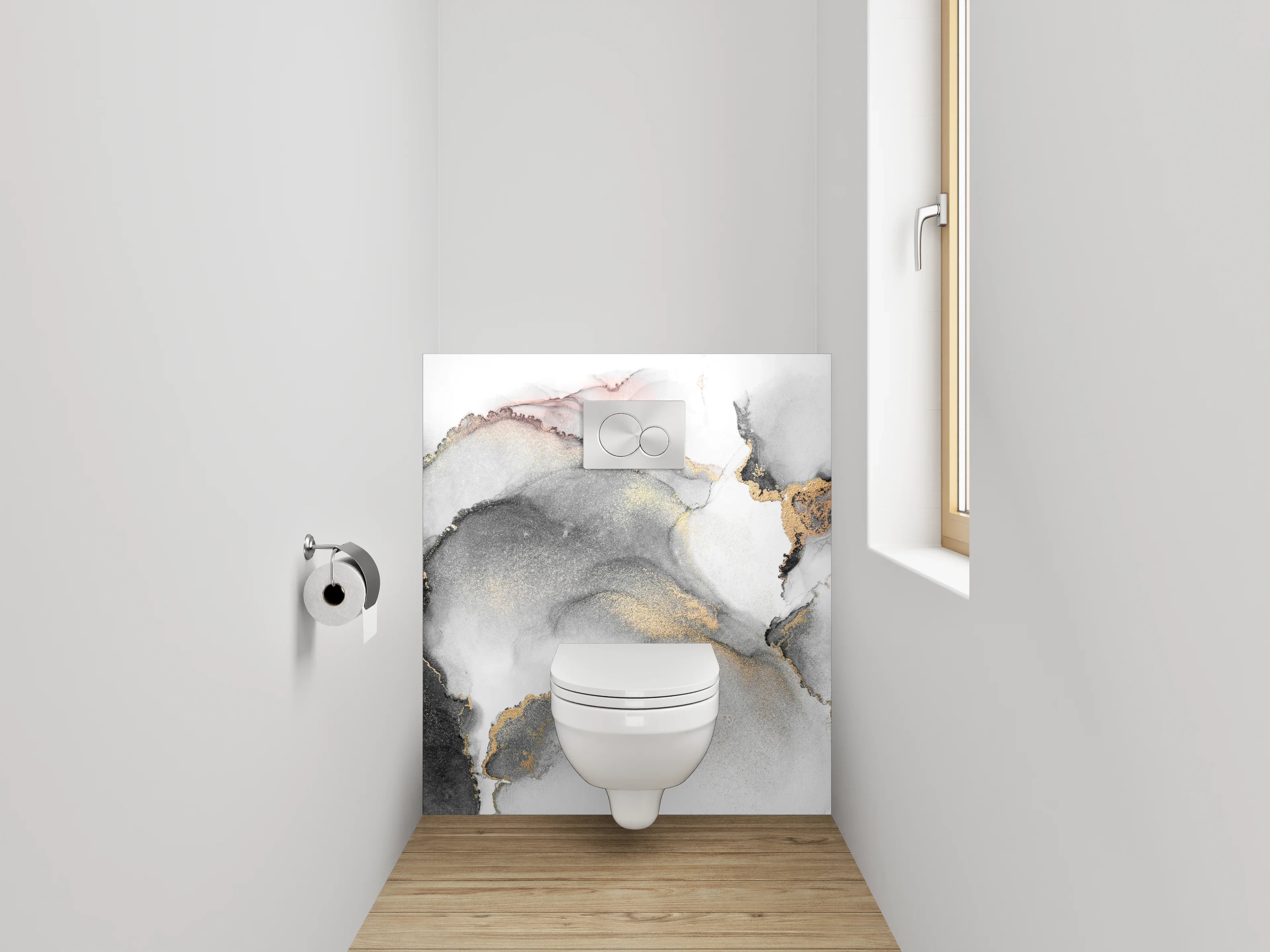WC-Rückwand - Eleganter Schwarz-Weiß Gold Aquarell-Look