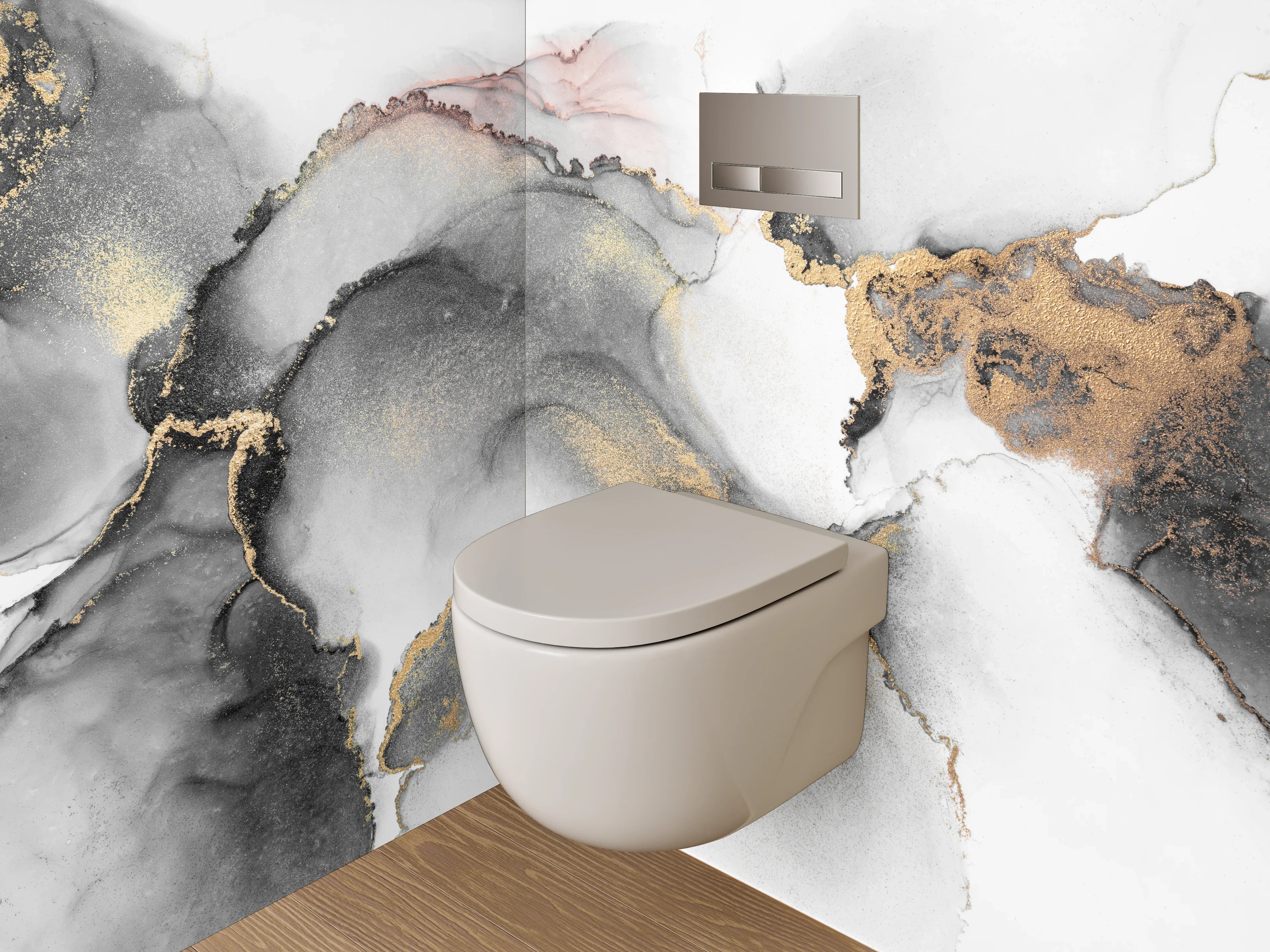 WC-Rückwand - Eleganter Schwarz-Weiß Gold Aquarell-Look