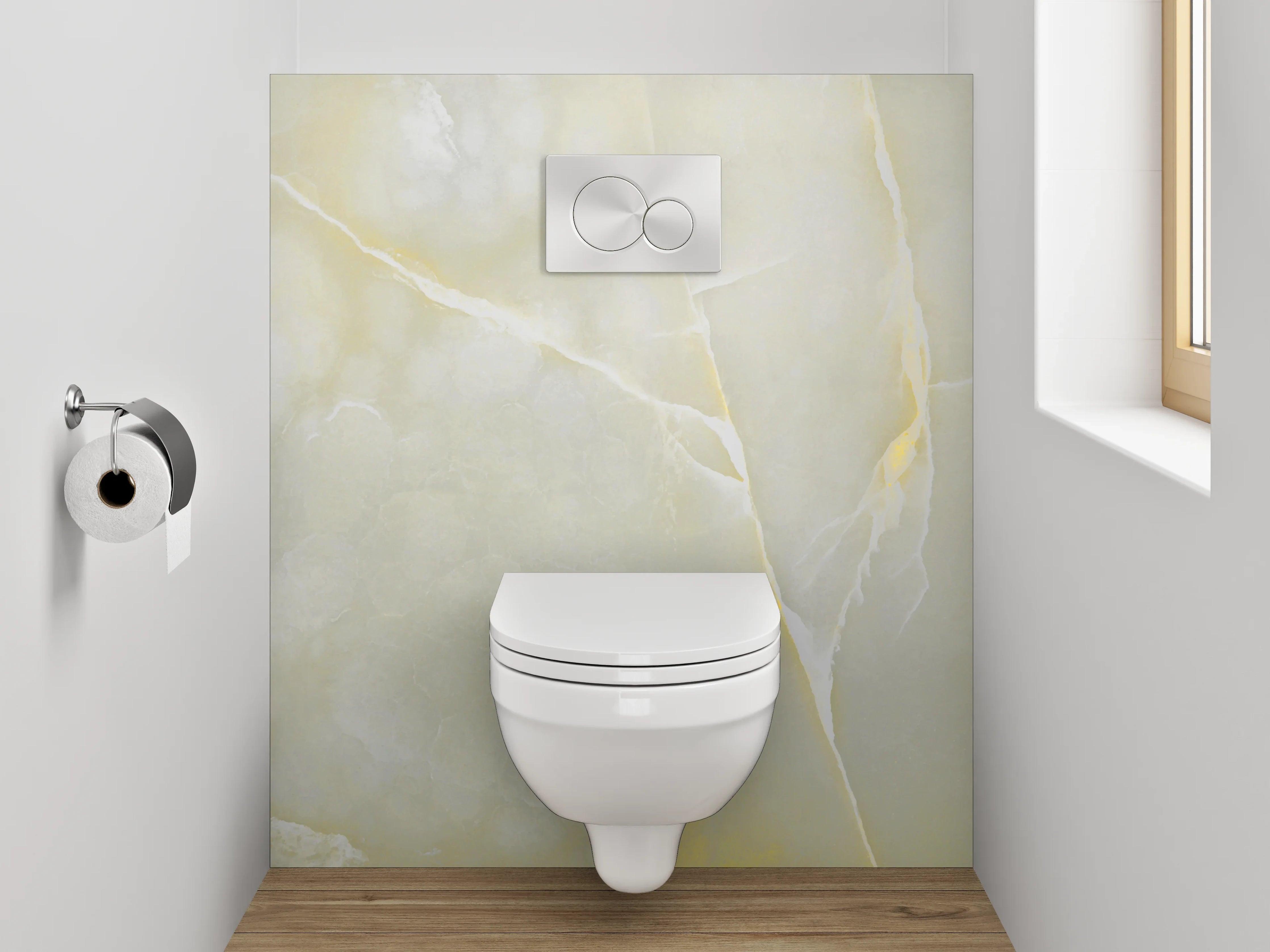 WC-Rückwand - Eleganter weiß-gelber Marmor Look