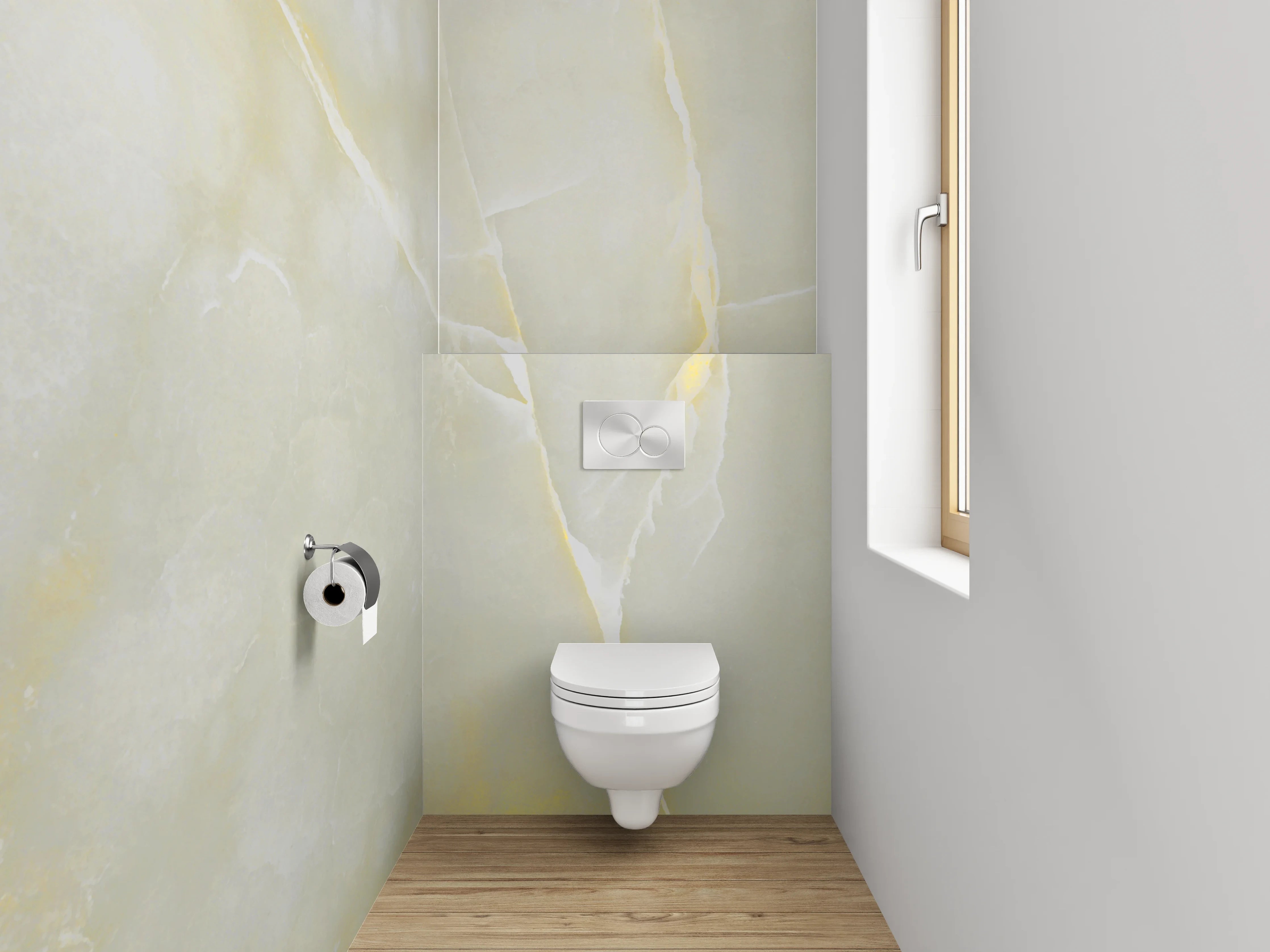 WC-Rückwand - Eleganter weiß-gelber Marmor Look
