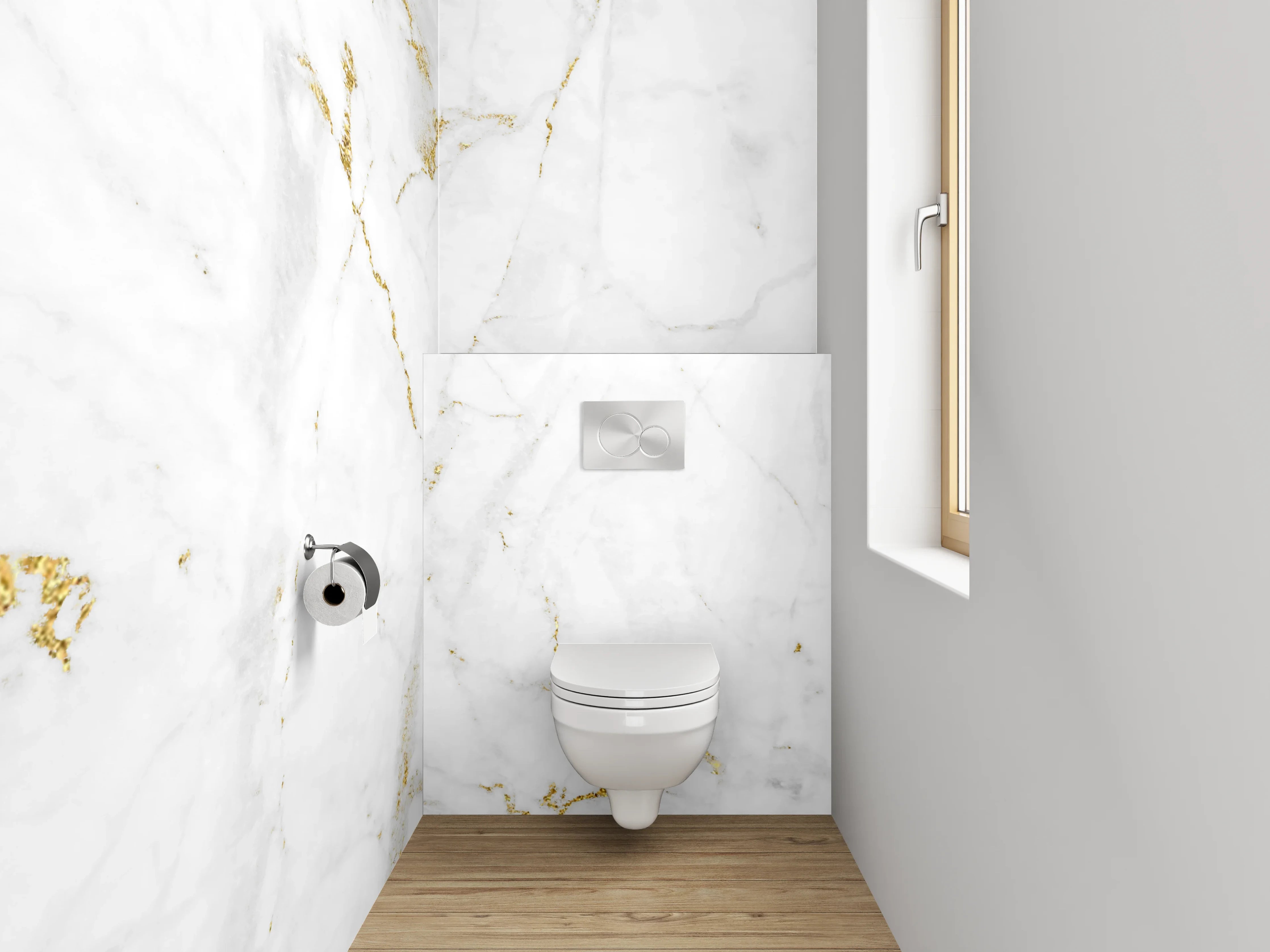 WC-Rückwand - Eleganter weiß-goldener Marmor-Look